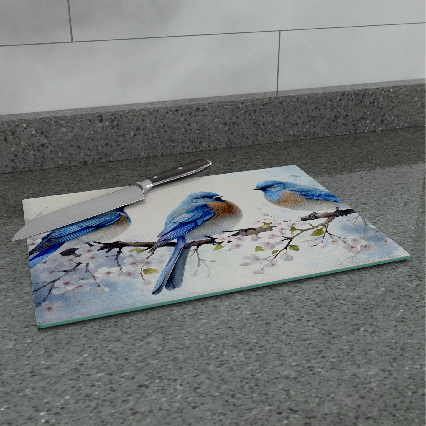 Tempered glass cutting board featuring bluebirds and farmhouse floral design, decorative countertop and wall art