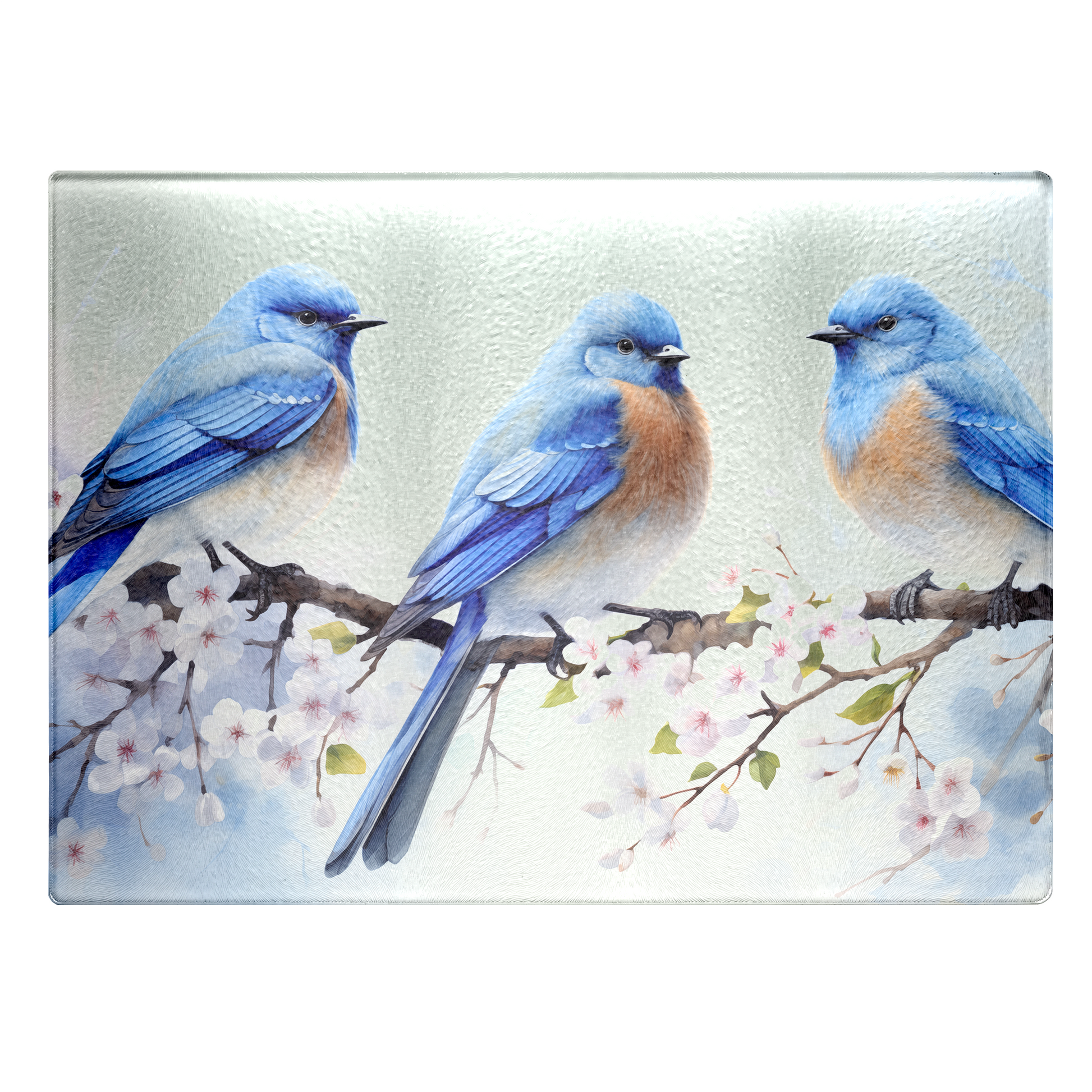 Tempered glass cutting board featuring bluebirds and farmhouse floral design, decorative countertop and wall art