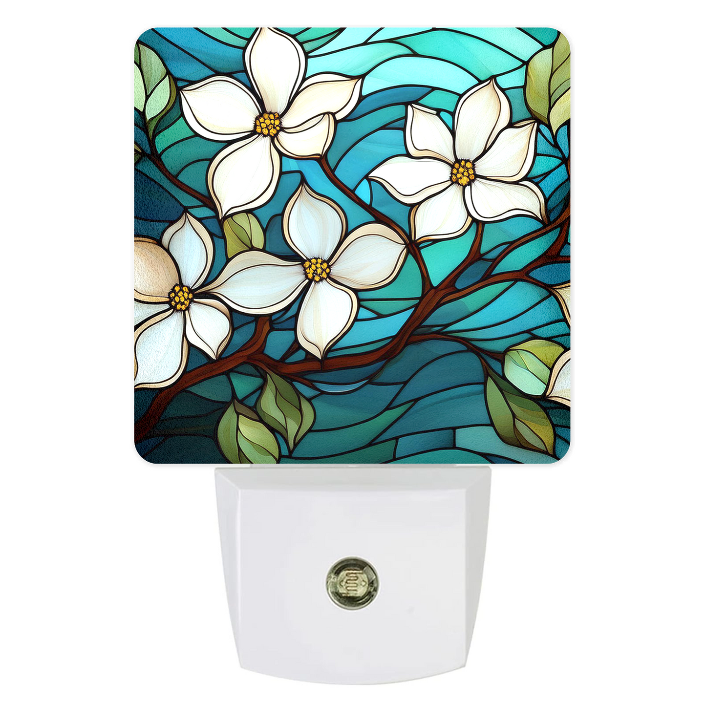 Nightlight - Dogwoods on Stained Glass Custom LED Dusk to Dawn Night Light, Home Decor, Wall Art #5250