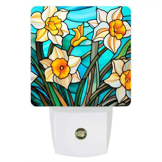 Daffodils on Stained Glass Design Custom LED Dusk to Dawn Night Light, Home Decor, Wall Art #4916