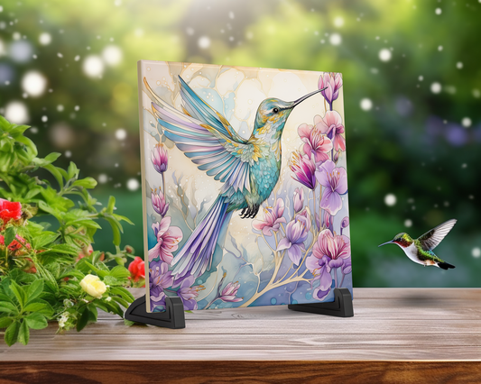 Ceramic Tile - Whimsical Art Nouveaux Hummingbird, 4.25 x 4.25 or 6 x 6, Kitchen Backsplash, Coasters, Wall Decor #5283