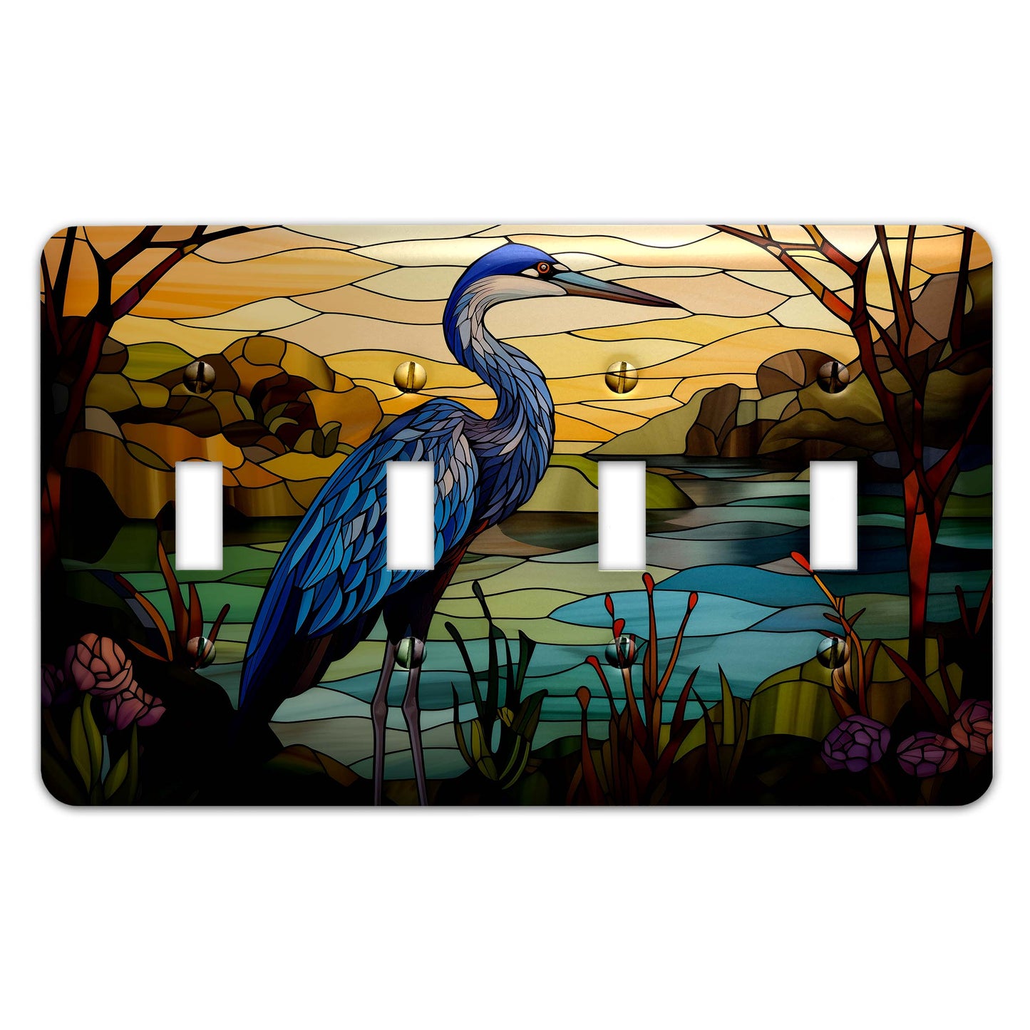 Metal SwitchPlate - Blue Heron on Stained Glass Light Switch Cover, Multiple Sizes - #5290