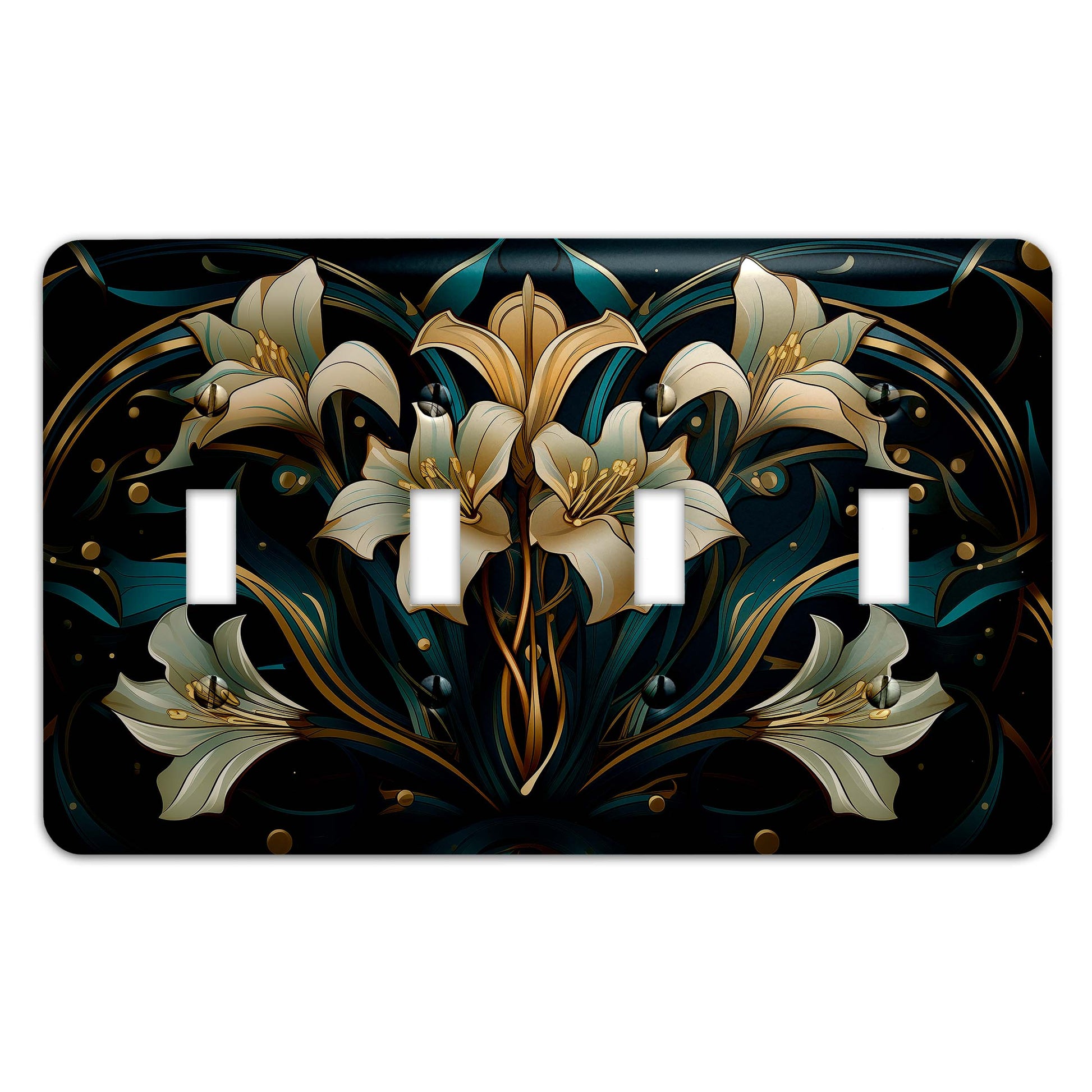 Elegant Art Nouveau light switch plate in gold and teal with floral lily design, made of durable metal, perfect for vintage and modern decor.