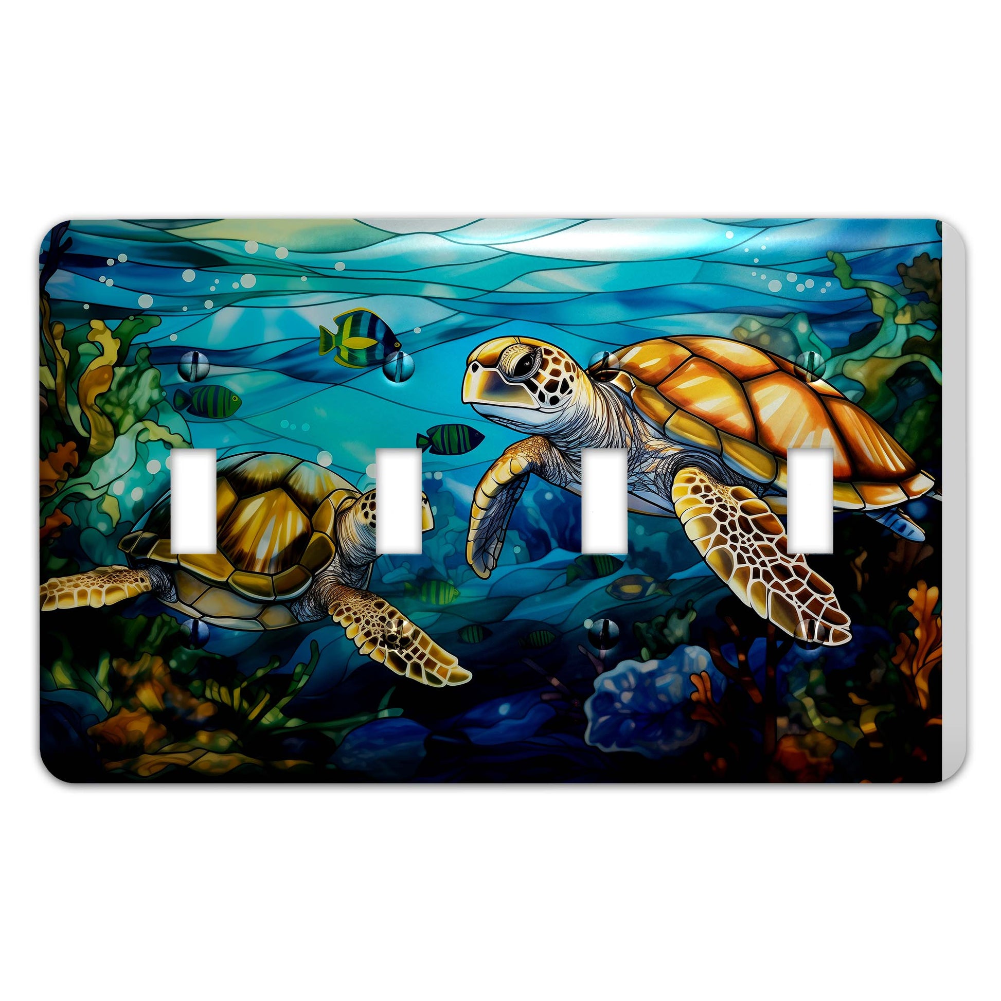 Sea Turtle Ocean Stained Glass Metal Switch Plate - Light Switch Cover in Blue and Green Coastal Design