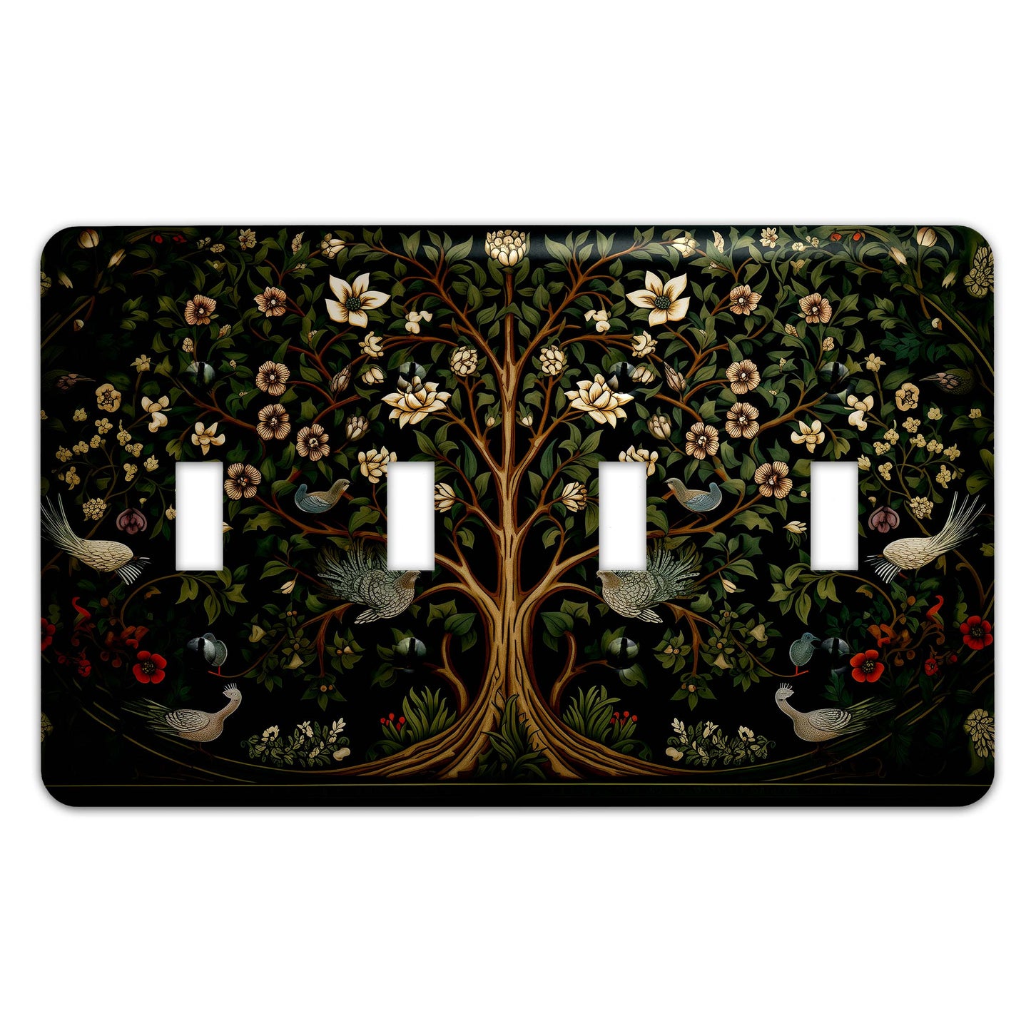 William Morris-inspired Tree of Life light switch cover featuring intricate floral and nature-inspired detailing, decorative wall plate available in multiple sizes.