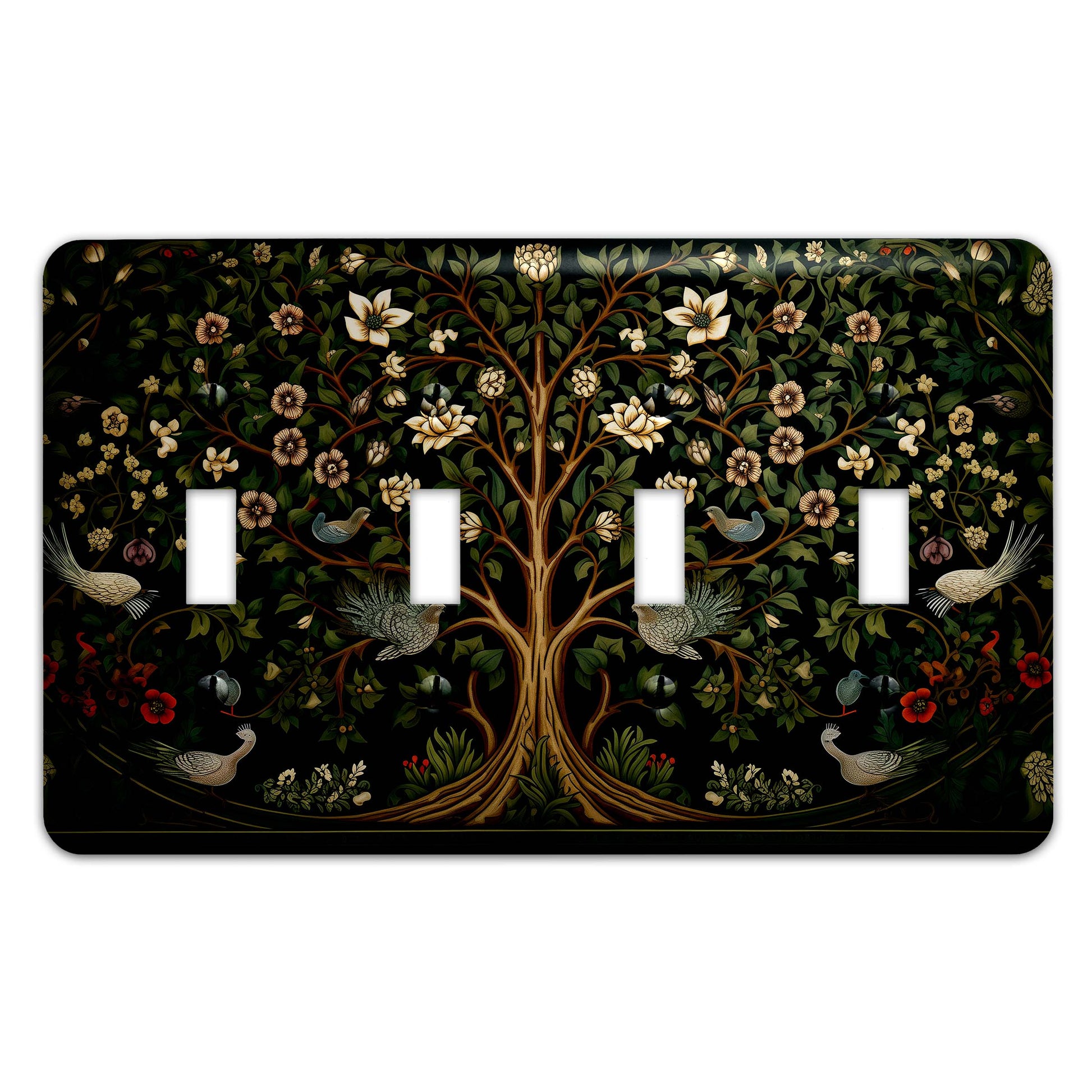 William Morris-inspired Tree of Life light switch cover featuring intricate floral and nature-inspired detailing, decorative wall plate available in multiple sizes.