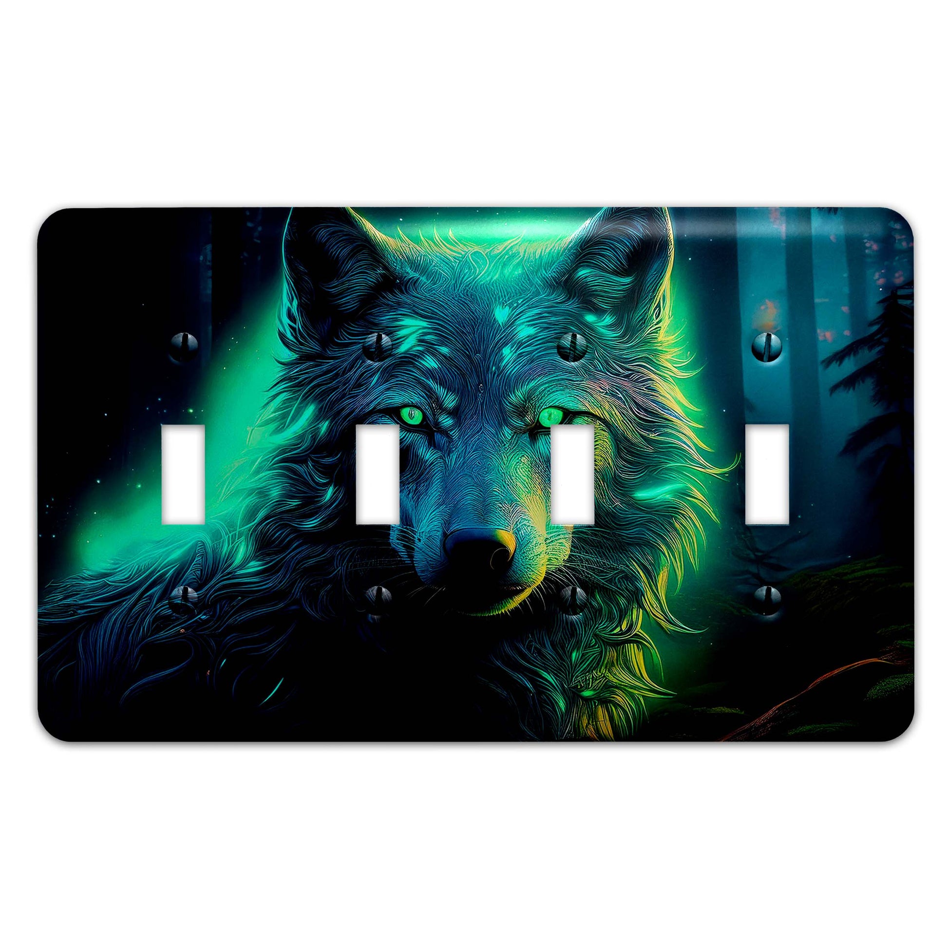 Moonlit wolf light switch cover featuring a detailed silhouette of a howling wolf against a full moon, rustic wildlife decor, available in multiple sizes