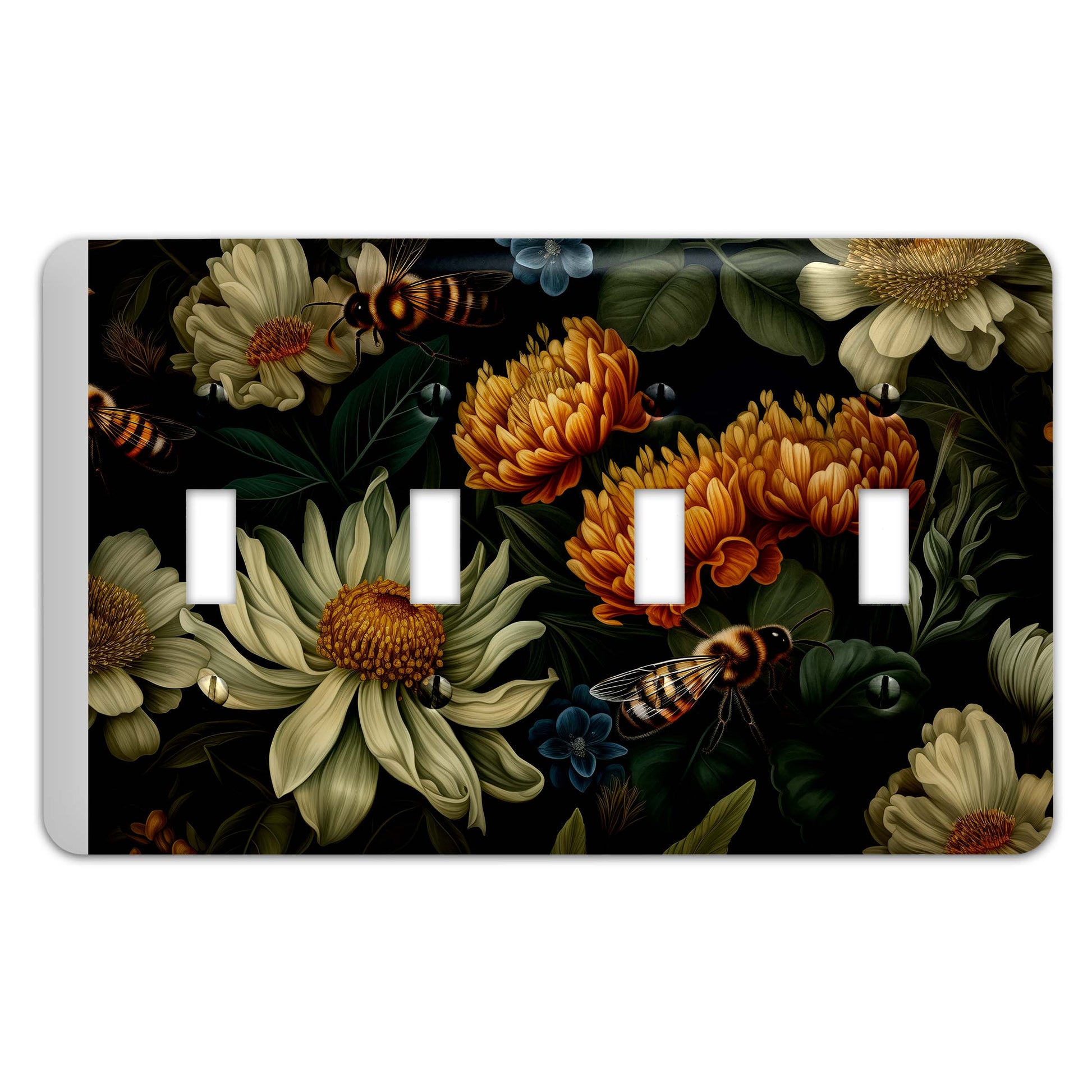 Bees and Blooms Light Switch Cover – Floral Decorative Wallplate with Bees, Home Decor in Multiple Sizes