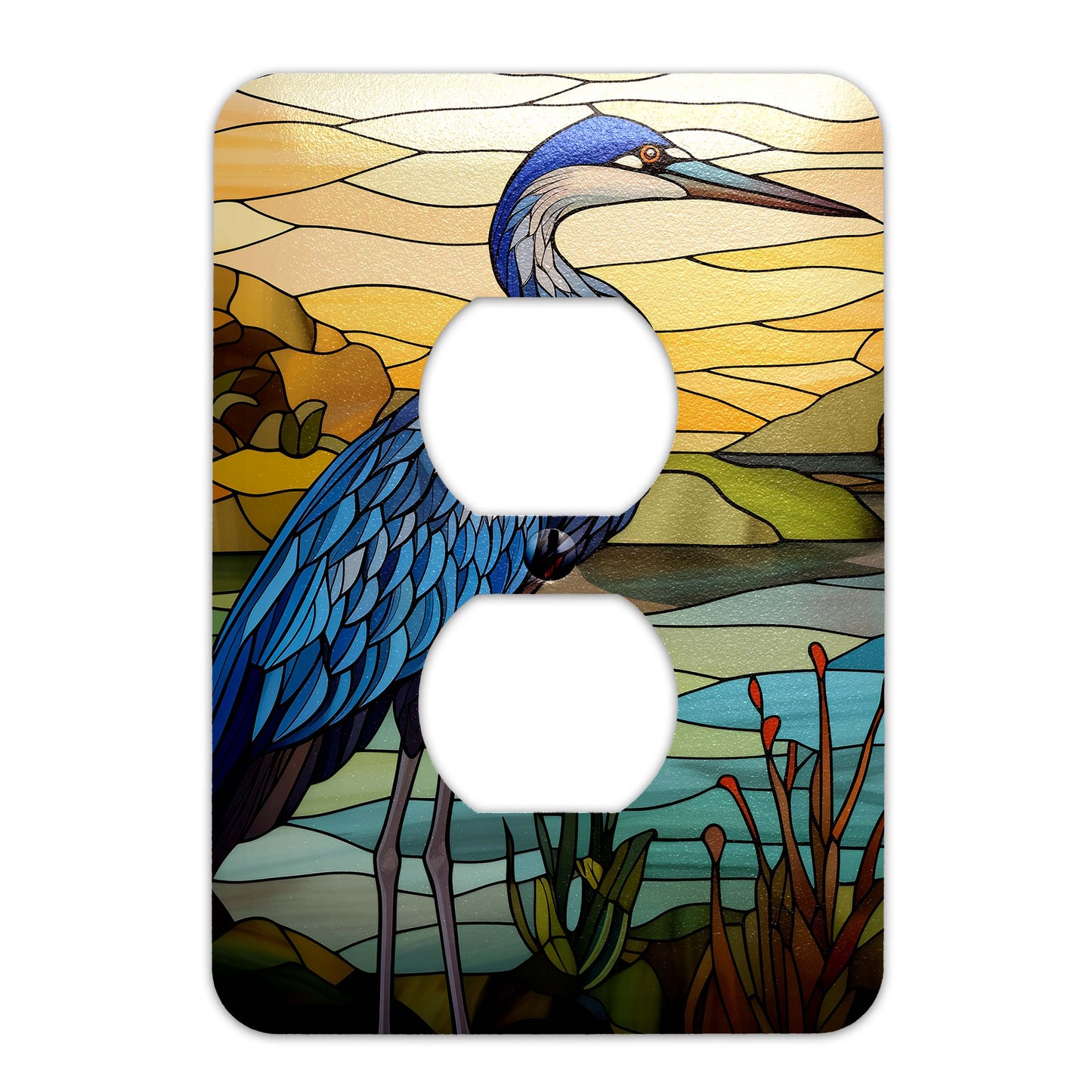 Metal SwitchPlate - Blue Heron on Stained Glass Light Switch Cover, Multiple Sizes - #5290