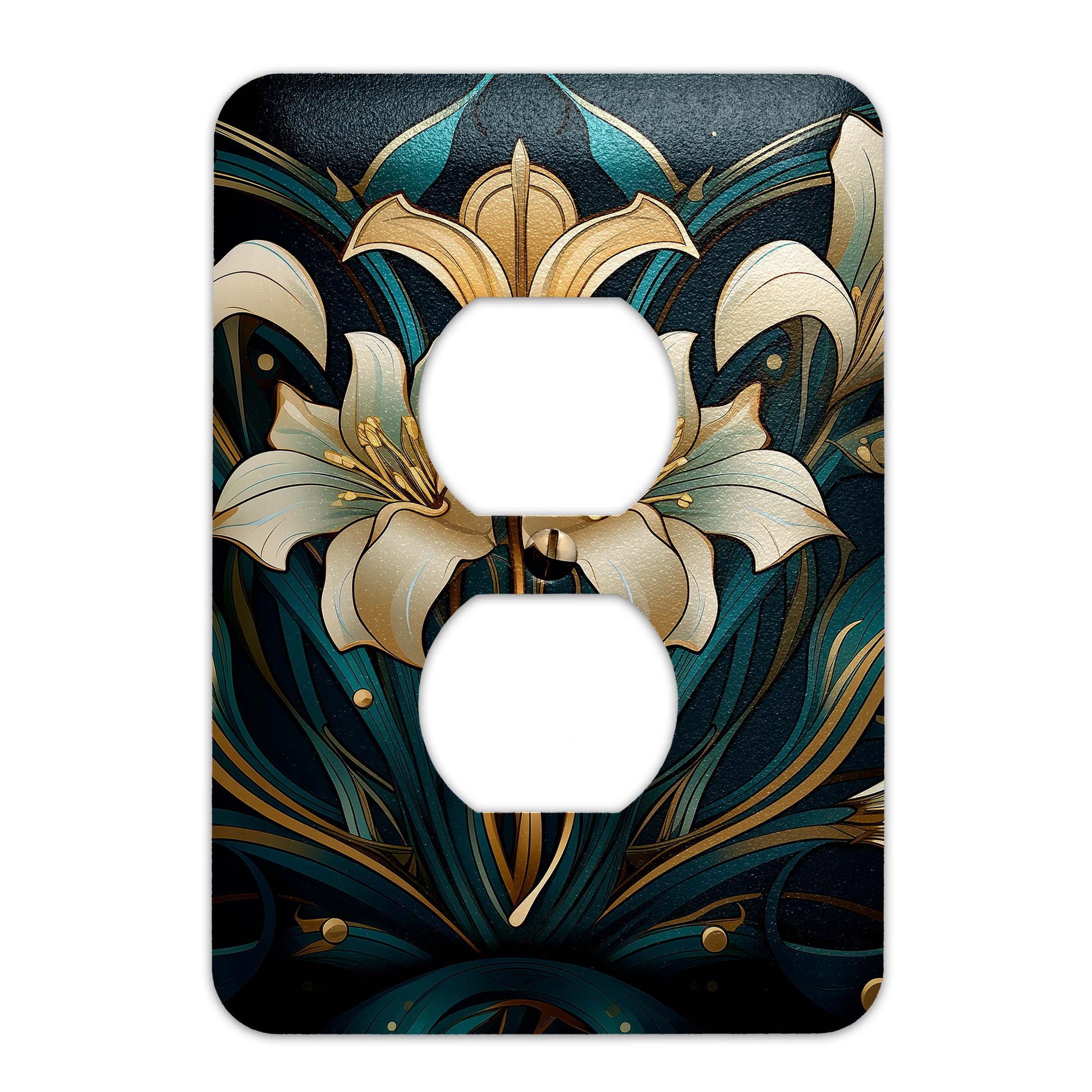 Elegant Art Nouveau light switch plate in gold and teal with floral lily design, made of durable metal, perfect for vintage and modern decor.