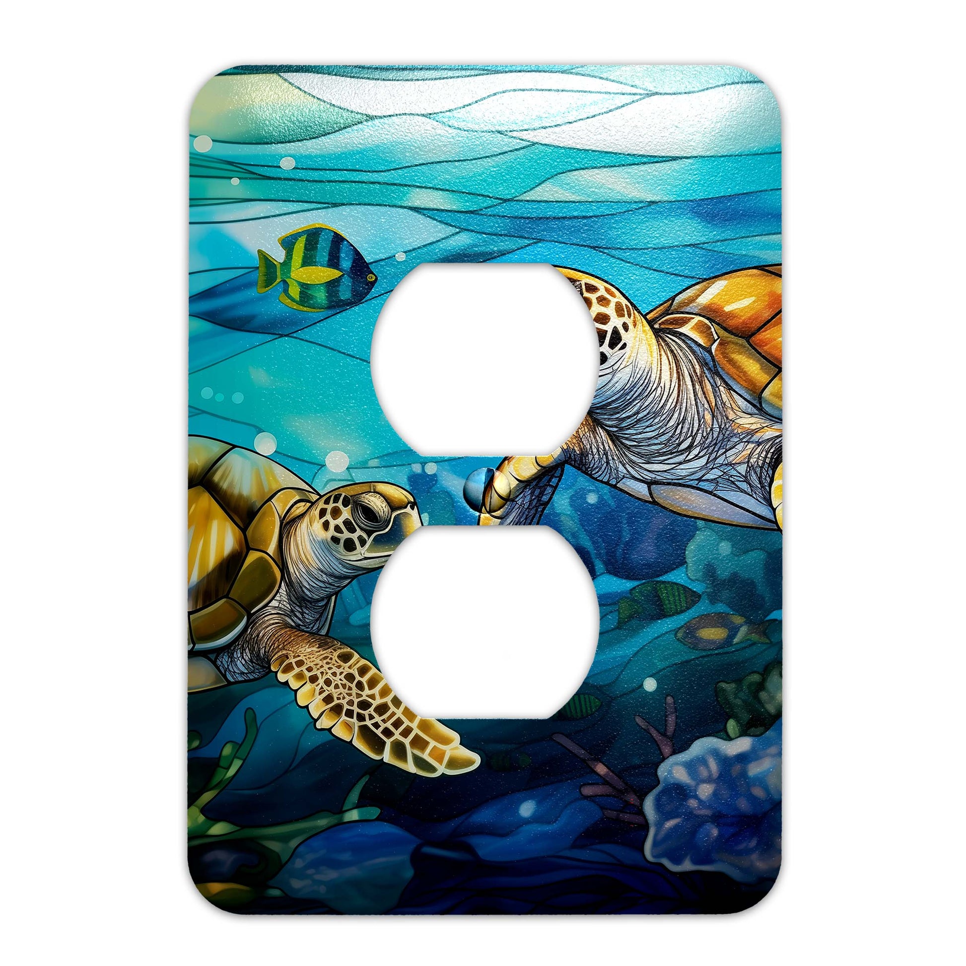 Sea Turtle Ocean Stained Glass Metal Switch Plate - Light Switch Cover in Blue and Green Coastal Design