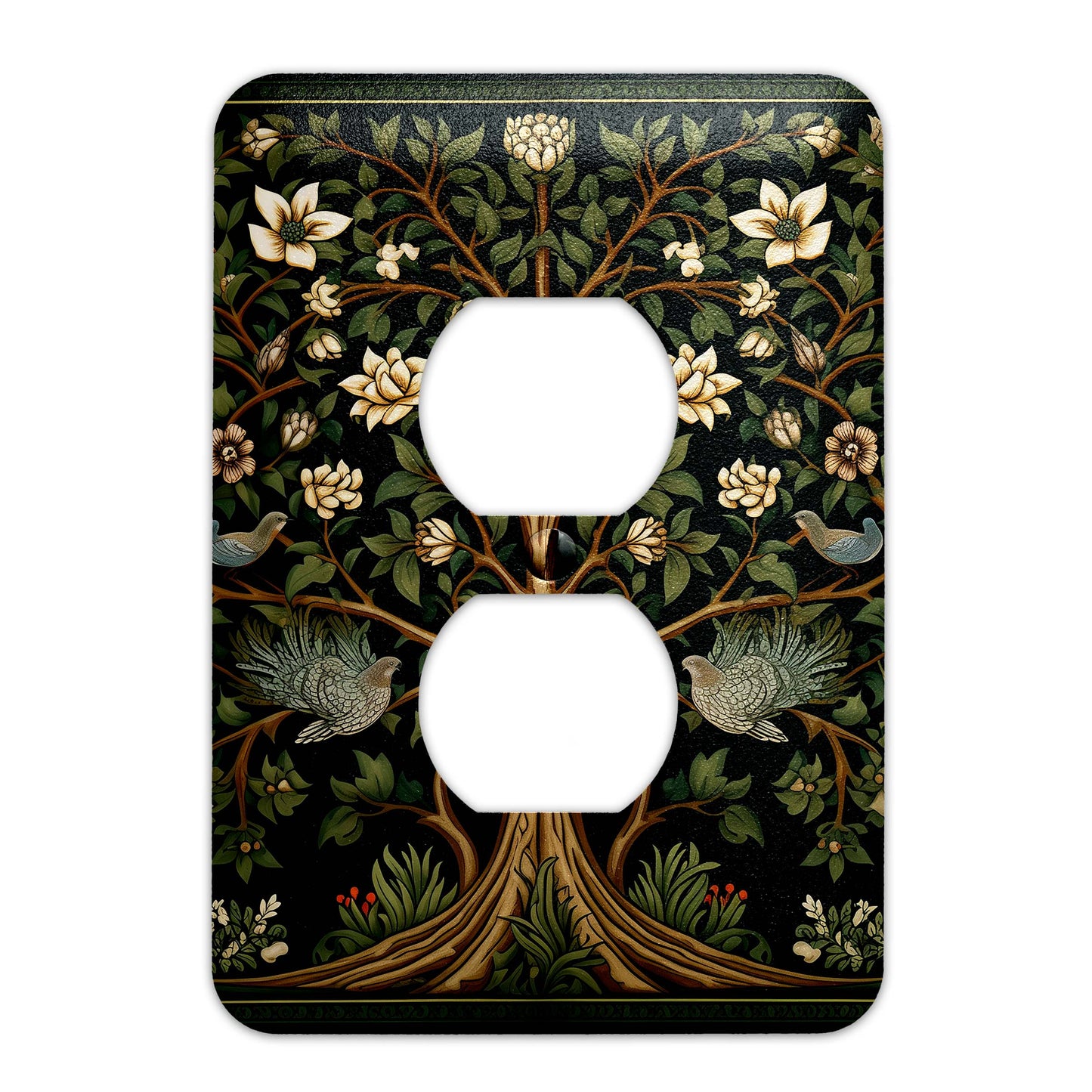 William Morris-inspired Tree of Life light switch cover featuring intricate floral and nature-inspired detailing, decorative wall plate available in multiple sizes.
