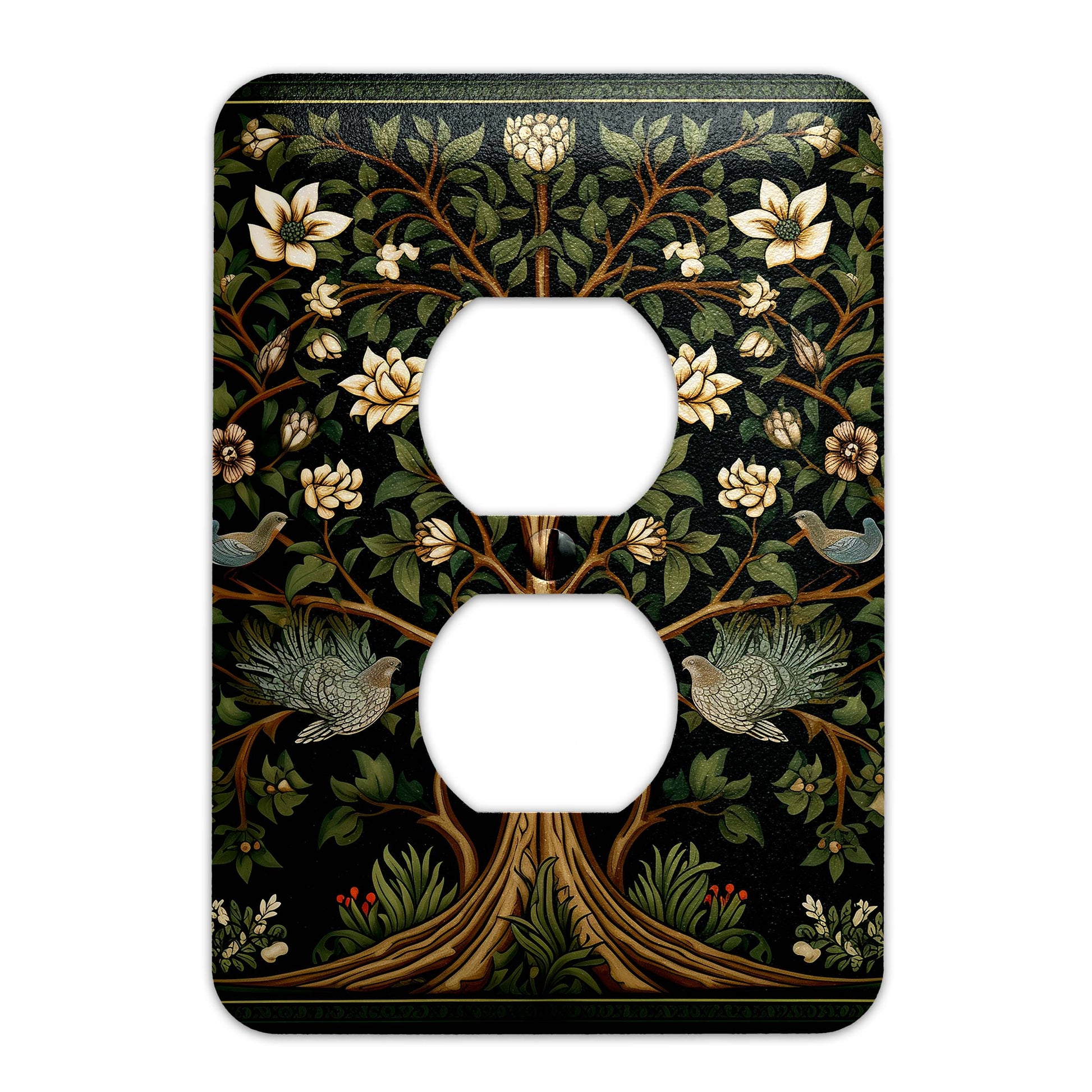 William Morris-inspired Tree of Life light switch cover featuring intricate floral and nature-inspired detailing, decorative wall plate available in multiple sizes.