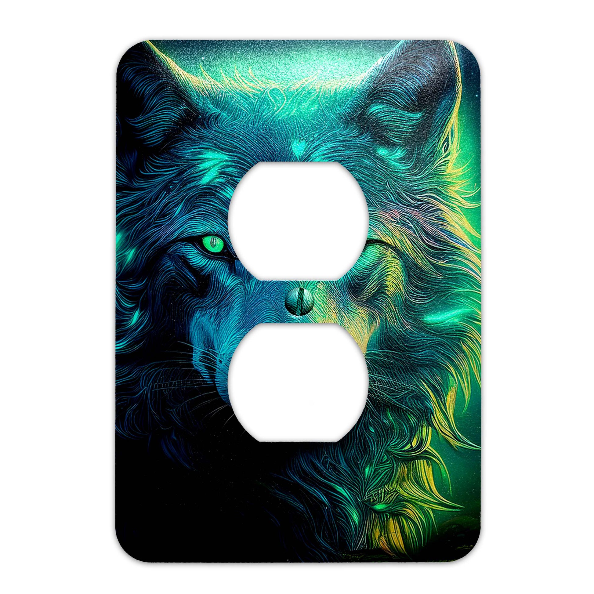 Moonlit wolf light switch cover featuring a detailed silhouette of a howling wolf against a full moon, rustic wildlife decor, available in multiple sizes