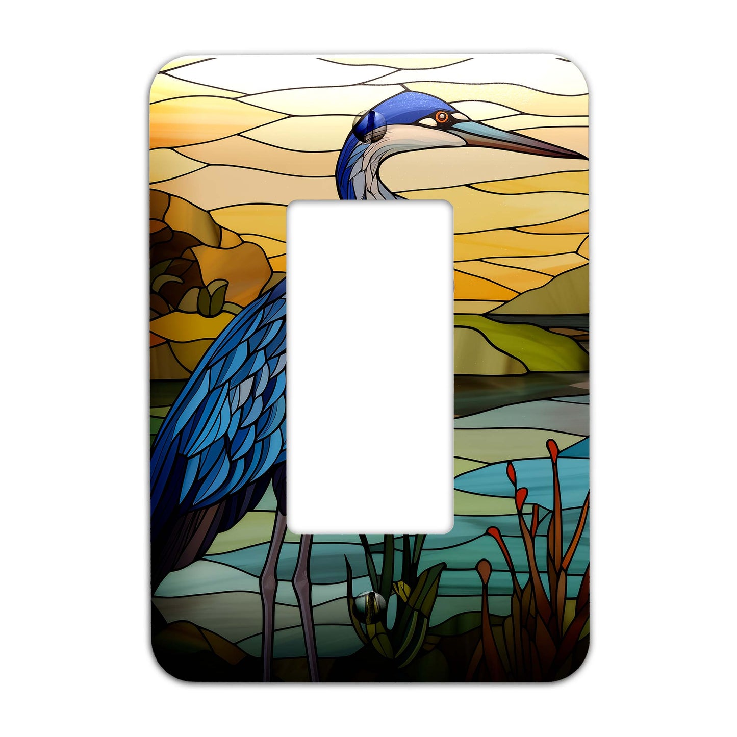 Metal SwitchPlate - Blue Heron on Stained Glass Light Switch Cover, Multiple Sizes - #5290