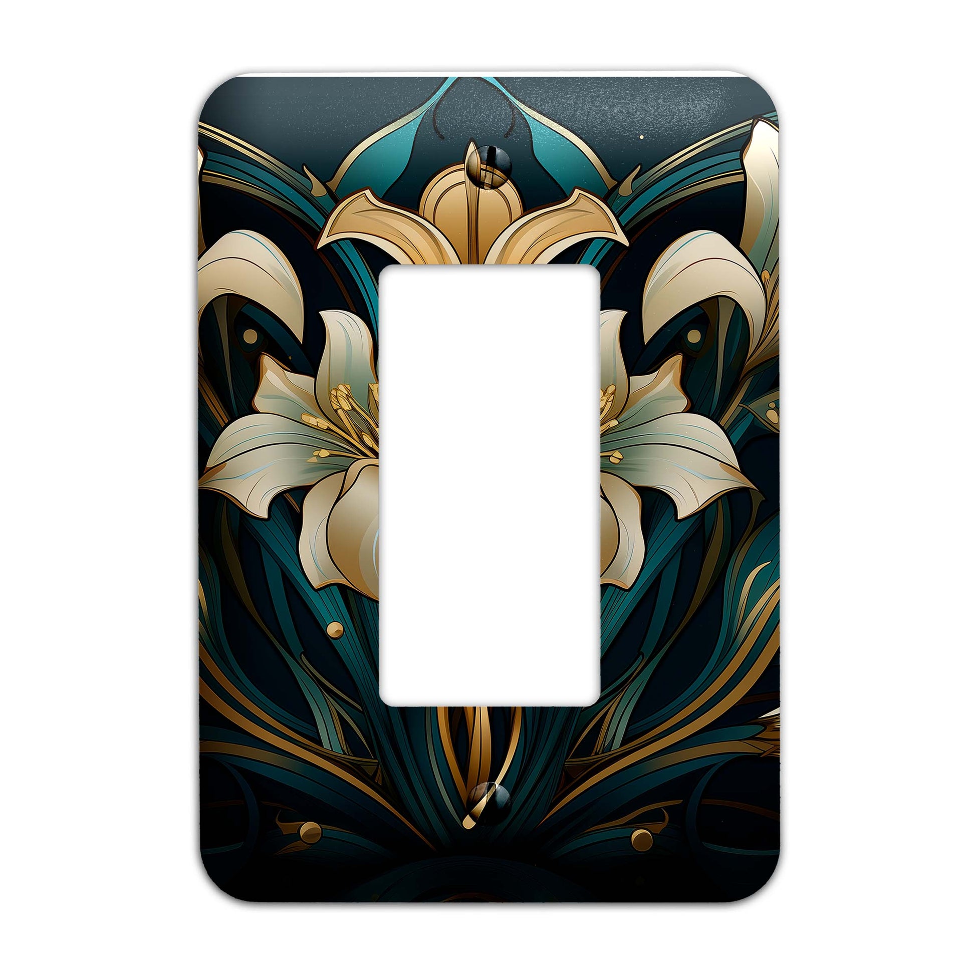 Elegant Art Nouveau light switch plate in gold and teal with floral lily design, made of durable metal, perfect for vintage and modern decor.