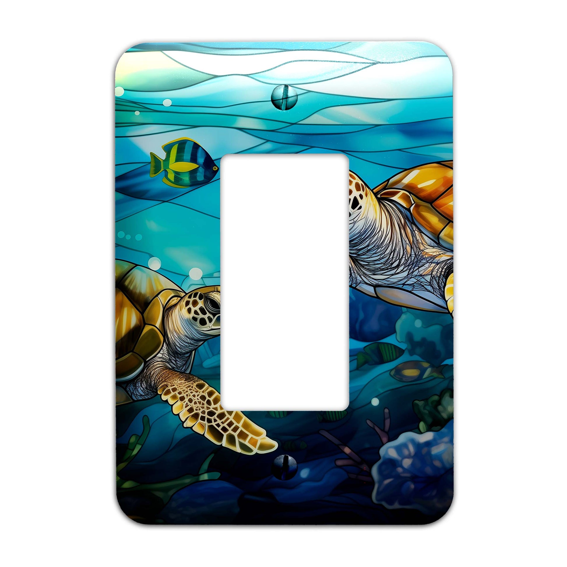 Sea Turtle Ocean Stained Glass Metal Switch Plate - Light Switch Cover in Blue and Green Coastal Design