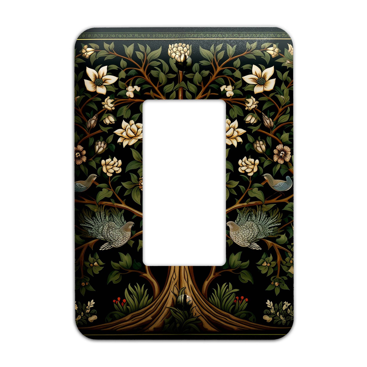 William Morris-inspired Tree of Life light switch cover featuring intricate floral and nature-inspired detailing, decorative wall plate available in multiple sizes.