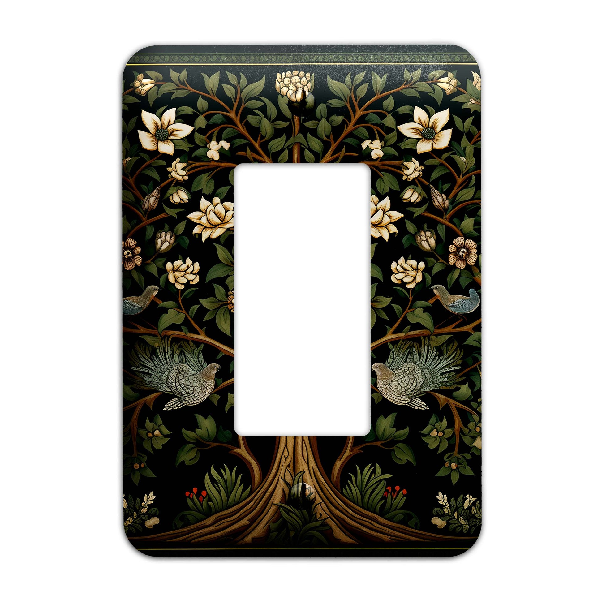 William Morris-inspired Tree of Life light switch cover featuring intricate floral and nature-inspired detailing, decorative wall plate available in multiple sizes.