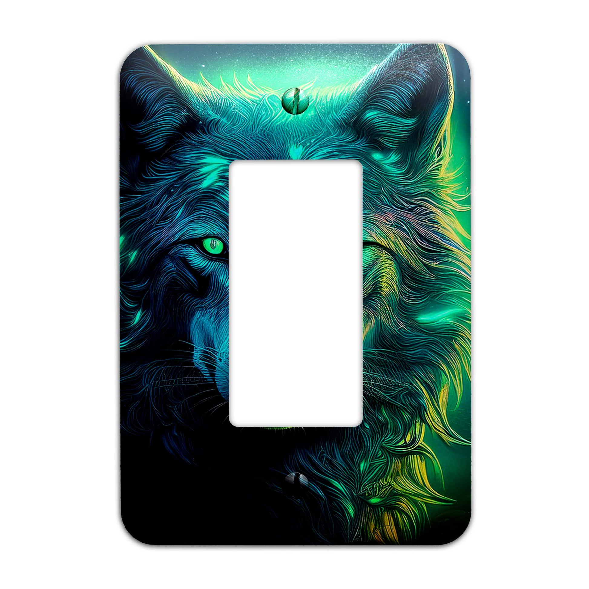 Moonlit wolf light switch cover featuring a detailed silhouette of a howling wolf against a full moon, rustic wildlife decor, available in multiple sizes
