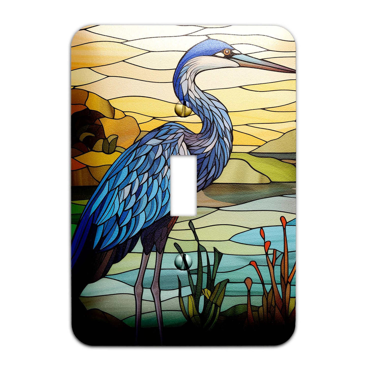 Metal SwitchPlate - Blue Heron on Stained Glass Light Switch Cover, Multiple Sizes - #5290