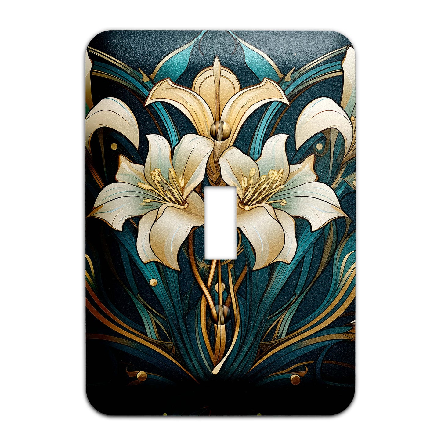 Elegant Art Nouveau light switch plate in gold and teal with floral lily design, made of durable metal, perfect for vintage and modern decor.