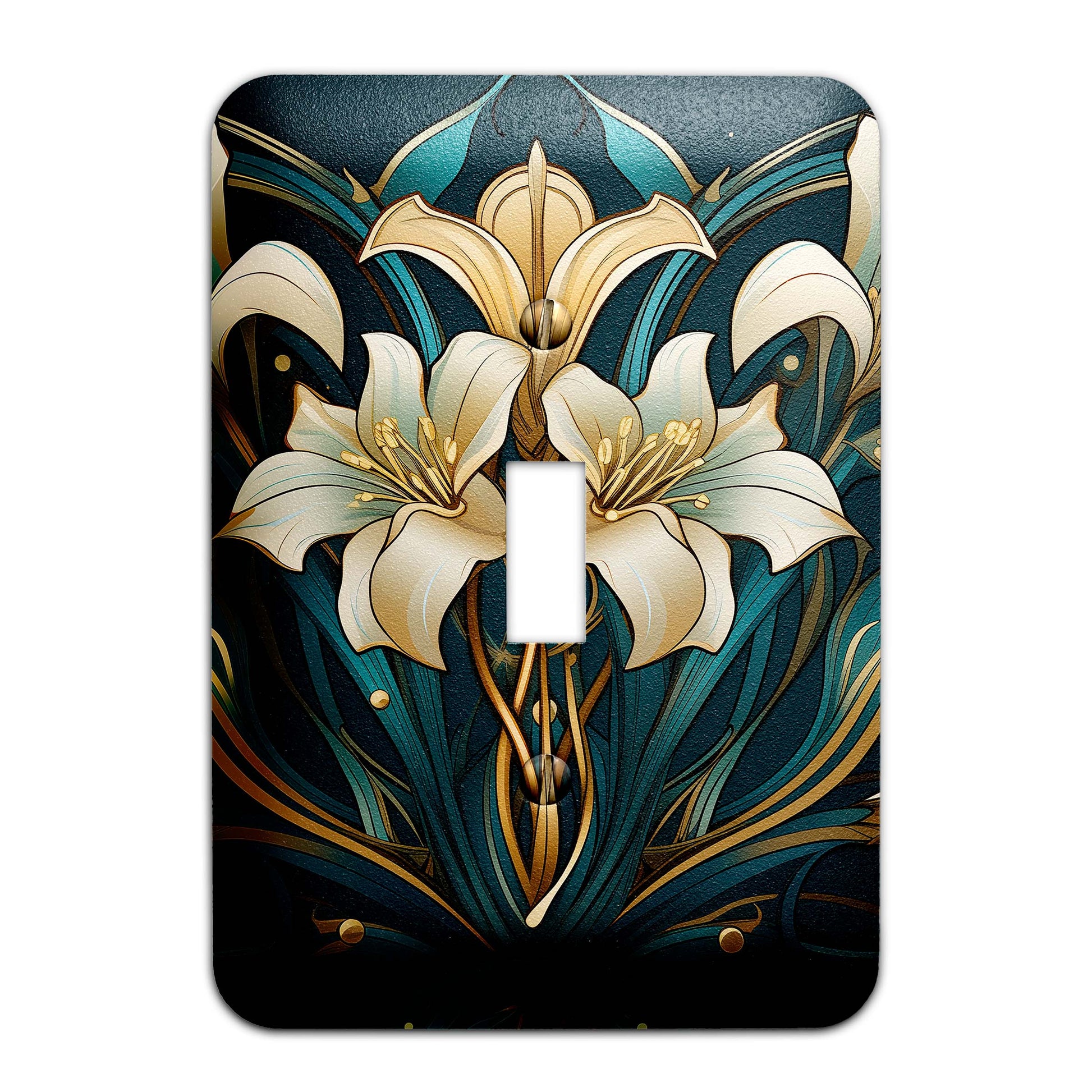 Elegant Art Nouveau light switch plate in gold and teal with floral lily design, made of durable metal, perfect for vintage and modern decor.