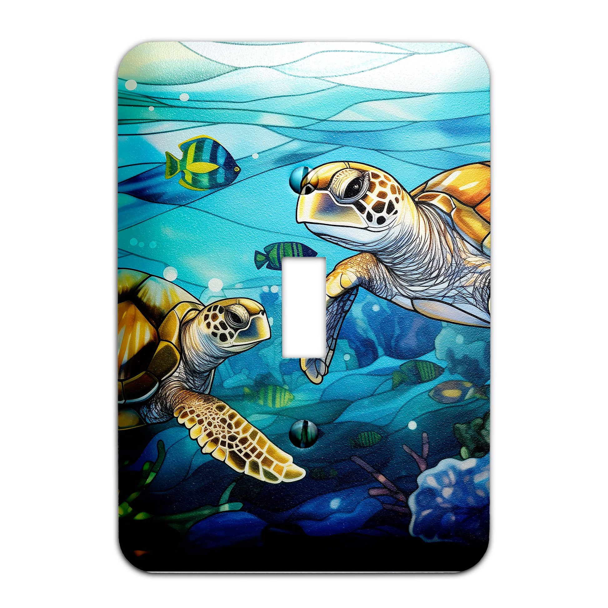 Sea Turtle Ocean Stained Glass Metal Switch Plate - Light Switch Cover in Blue and Green Coastal Design
