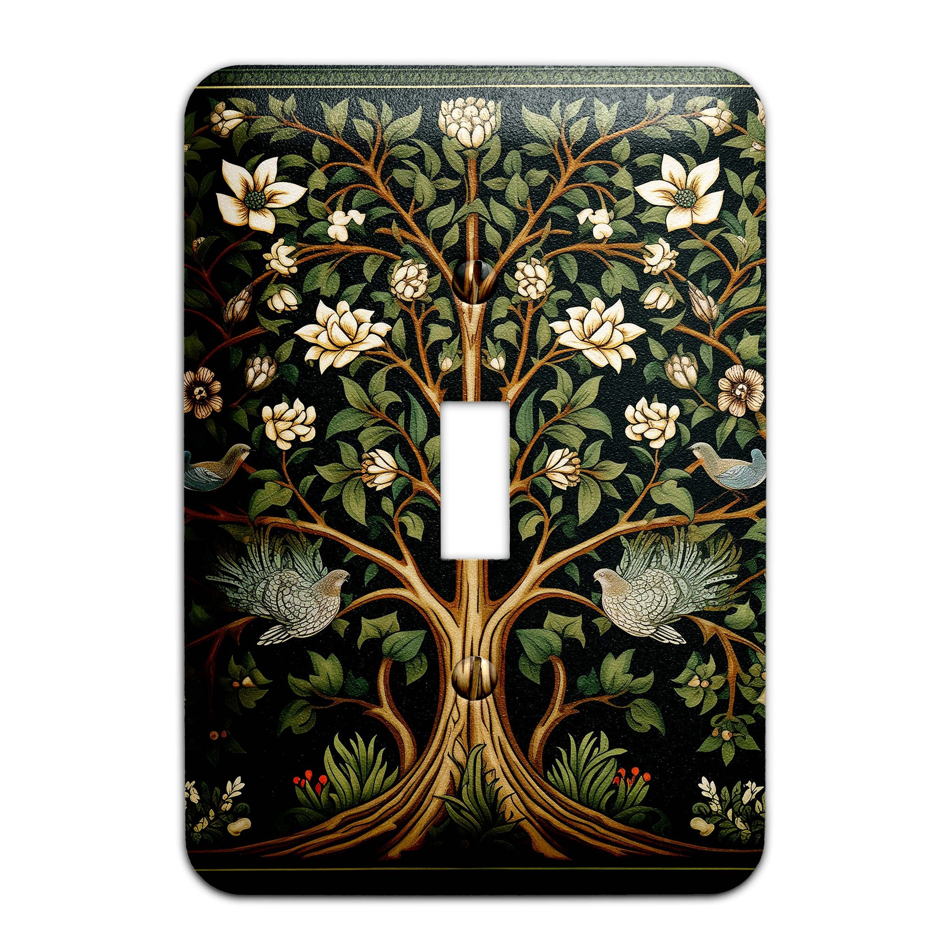 William Morris-inspired Tree of Life light switch cover featuring intricate floral and nature-inspired detailing, decorative wall plate available in multiple sizes.
