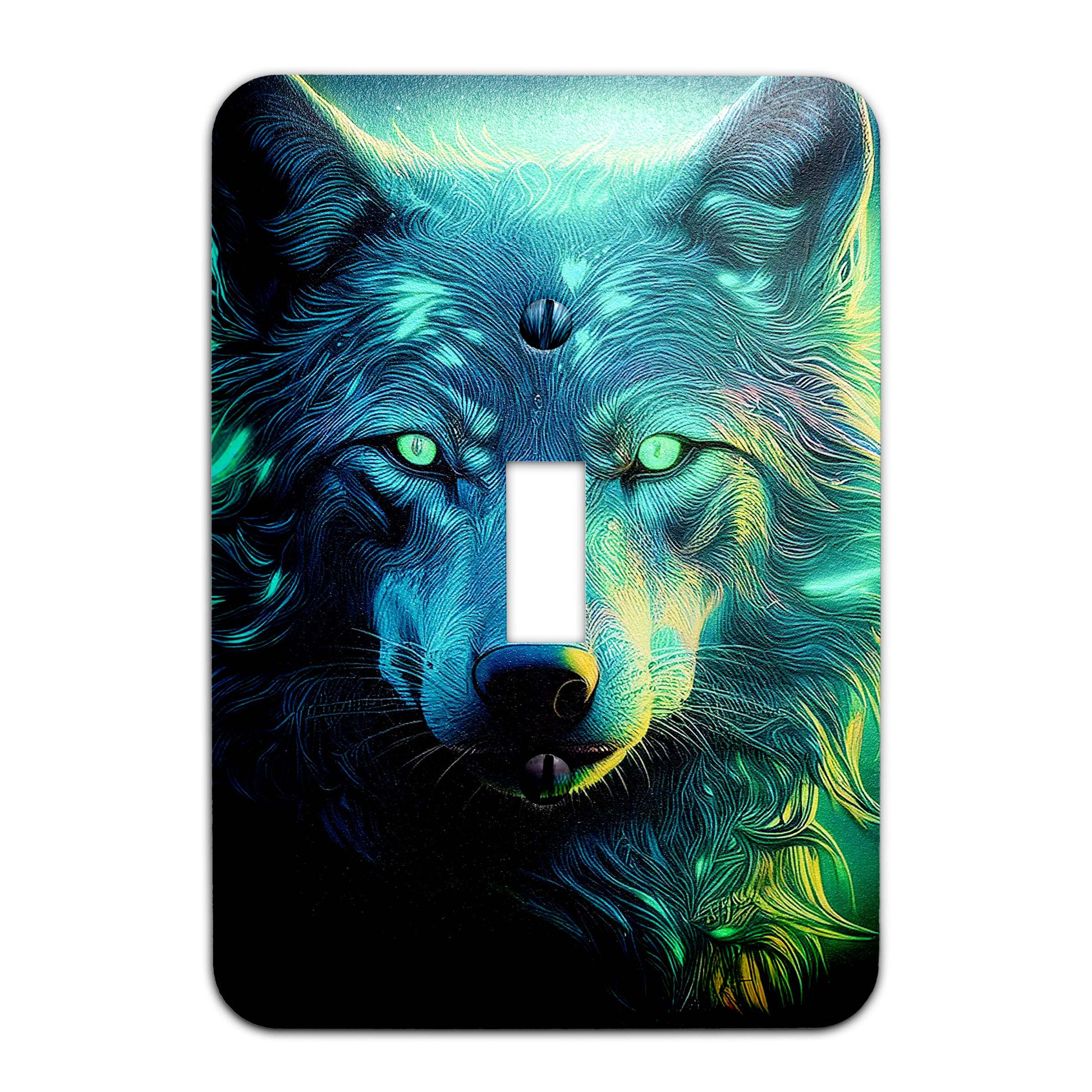 Moonlit wolf light switch cover featuring a detailed silhouette of a howling wolf against a full moon, rustic wildlife decor, available in multiple sizes