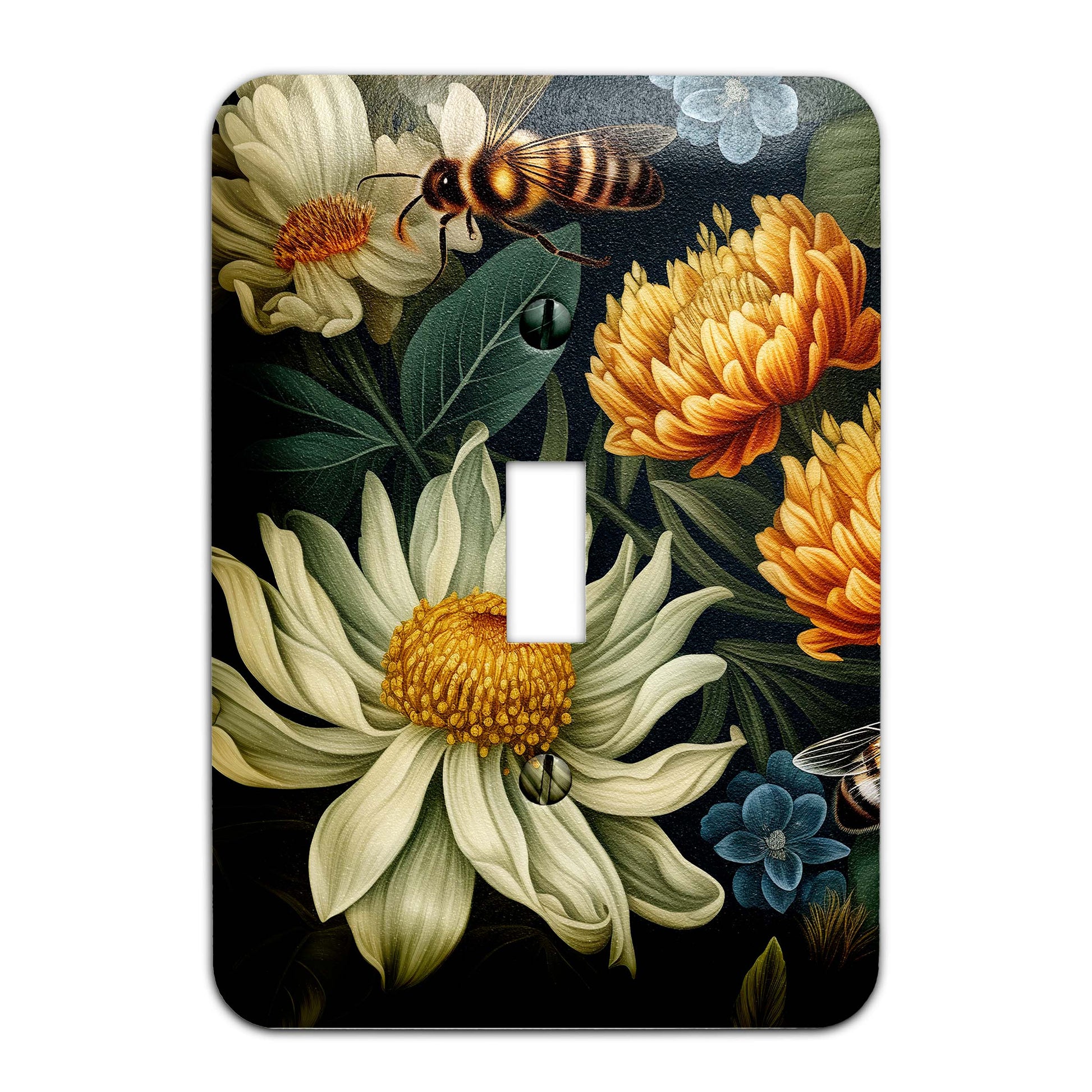 Bees and Blooms Light Switch Cover – Floral Decorative Wallplate with Bees, Home Decor in Multiple Sizes