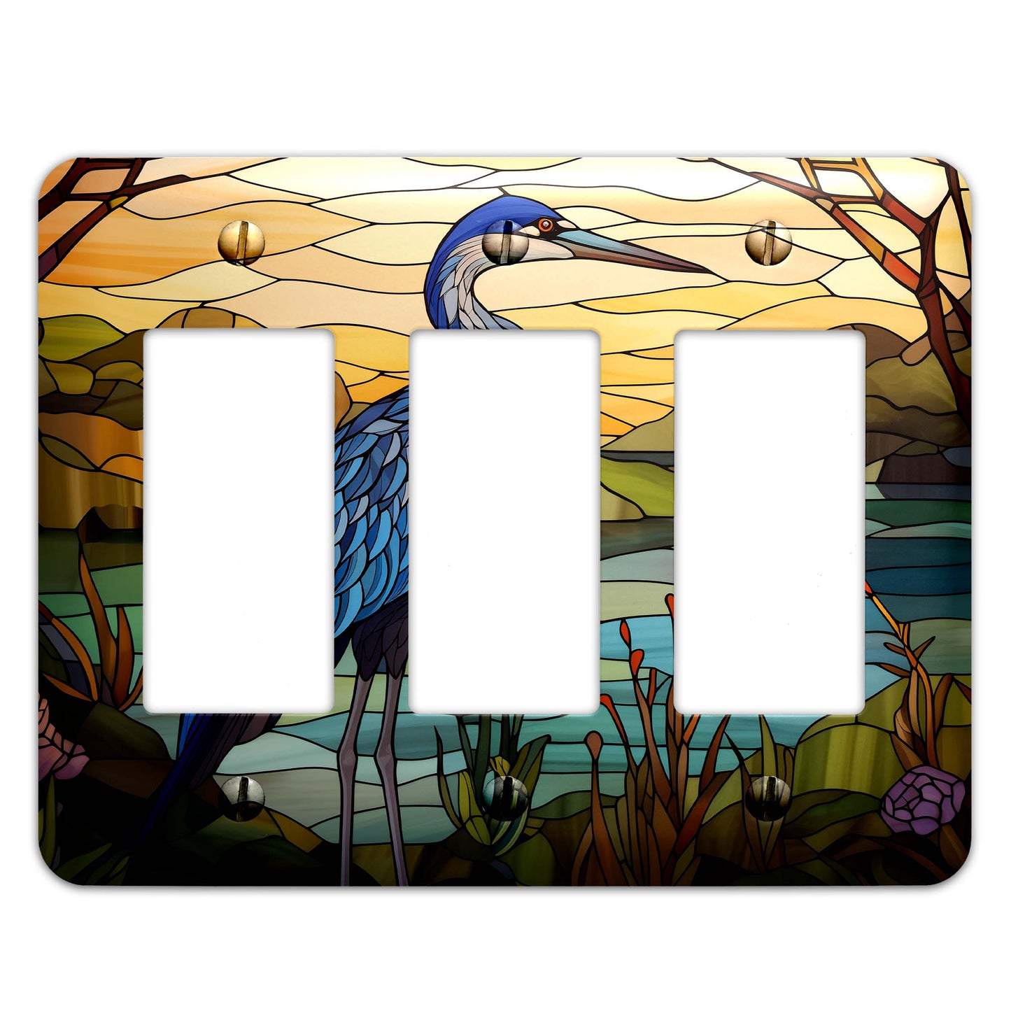 Metal SwitchPlate - Blue Heron on Stained Glass Light Switch Cover, Multiple Sizes - #5290