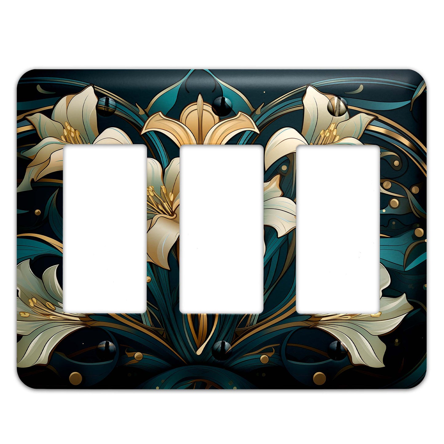 Elegant Art Nouveau light switch plate in gold and teal with floral lily design, made of durable metal, perfect for vintage and modern decor.
