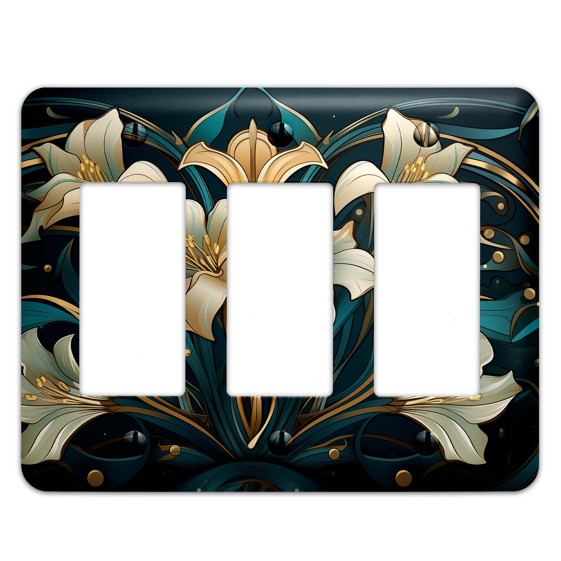 Elegant Art Nouveau light switch plate in gold and teal with floral lily design, made of durable metal, perfect for vintage and modern decor.