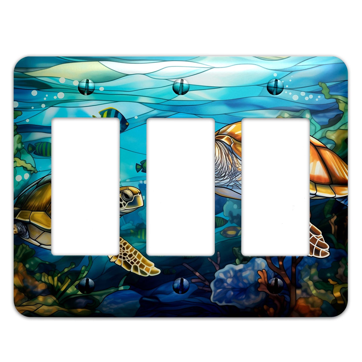 Sea Turtle Ocean Stained Glass Metal Switch Plate - Light Switch Cover in Blue and Green Coastal Design