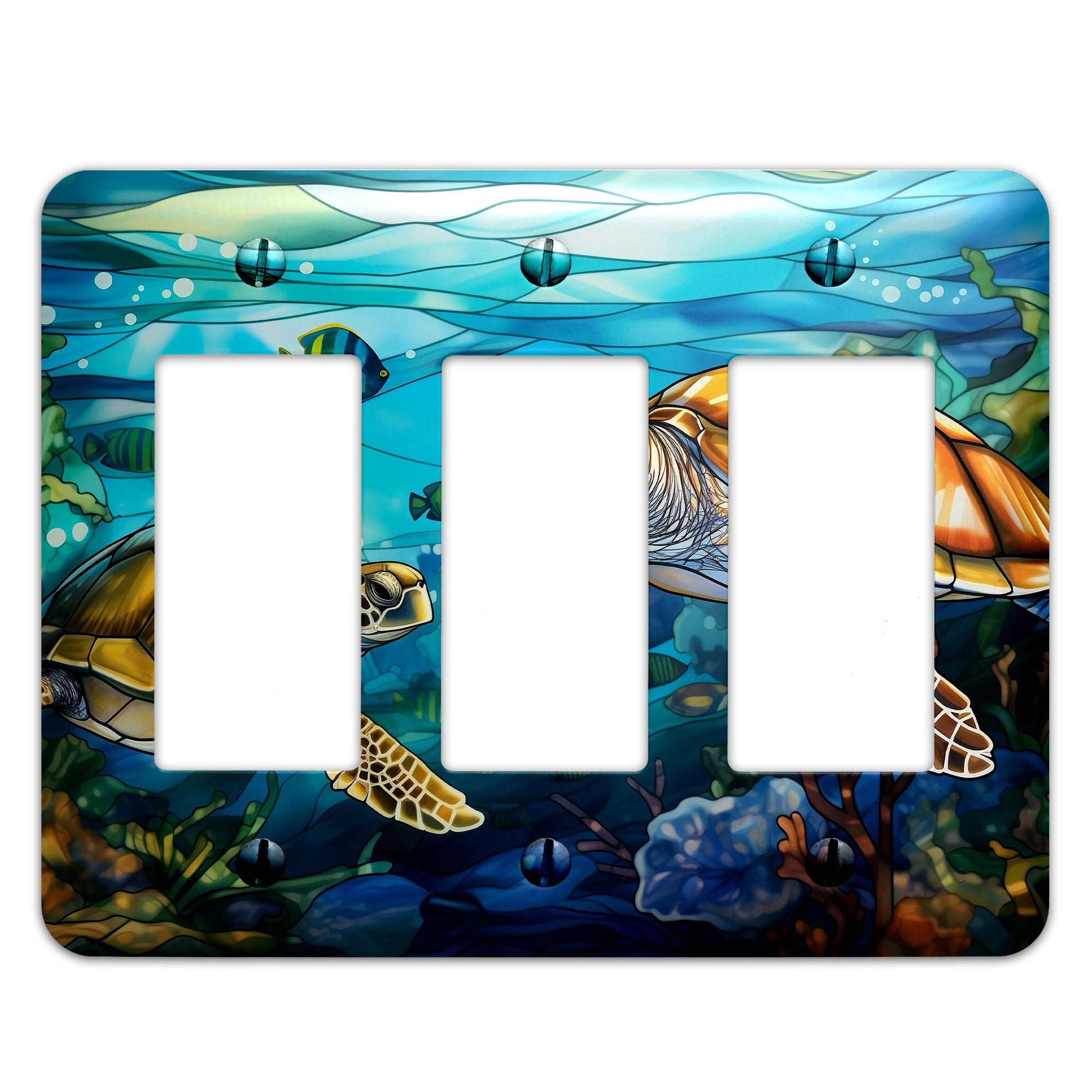 Sea Turtle Ocean Stained Glass Metal Switch Plate - Light Switch Cover in Blue and Green Coastal Design