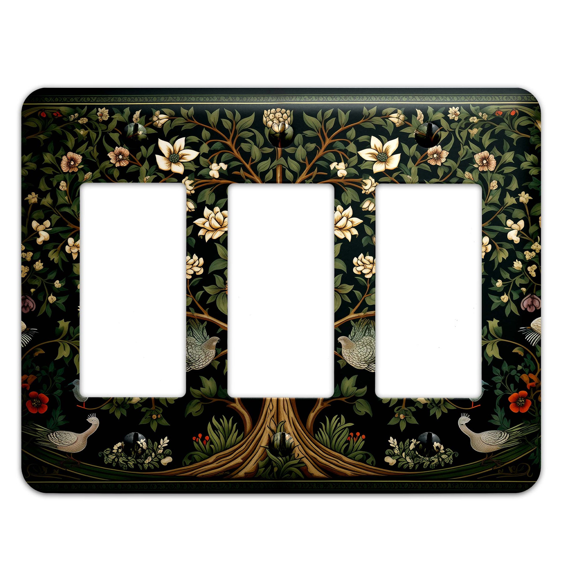 William Morris-inspired Tree of Life light switch cover featuring intricate floral and nature-inspired detailing, decorative wall plate available in multiple sizes.