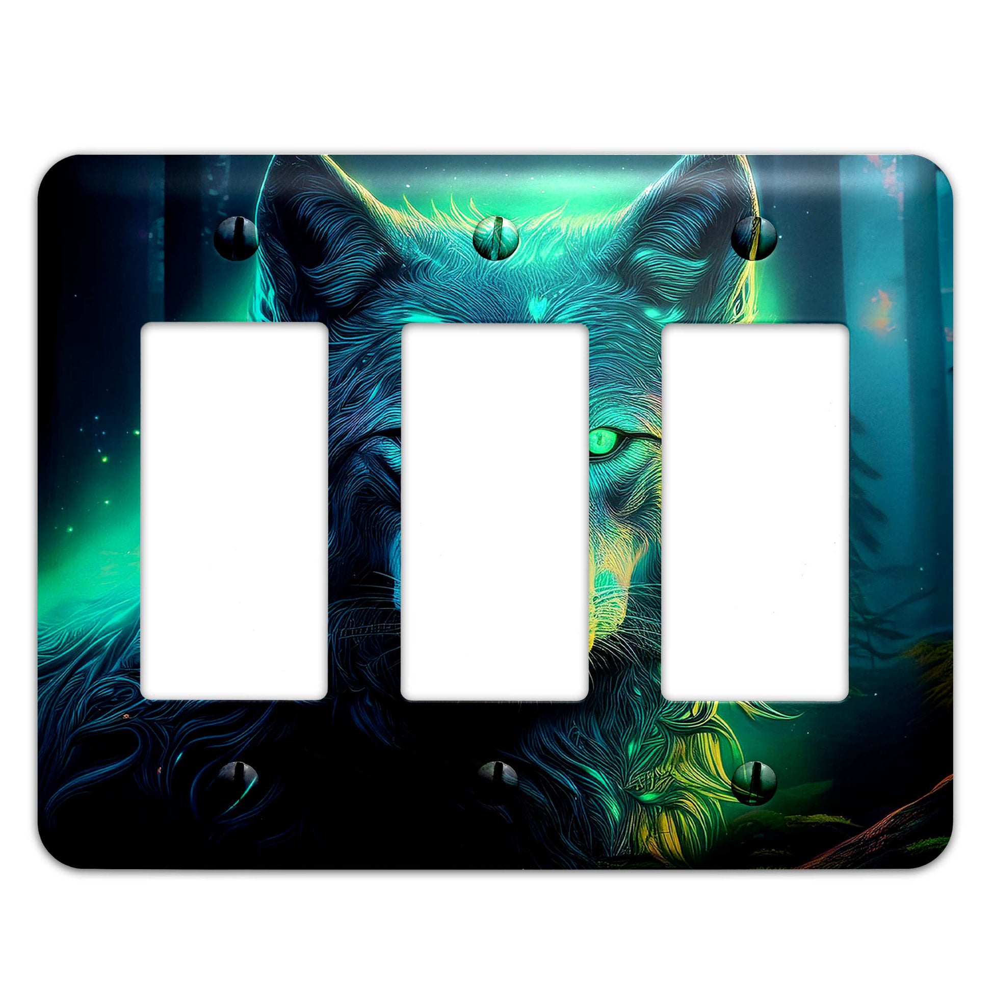 Moonlit wolf light switch cover featuring a detailed silhouette of a howling wolf against a full moon, rustic wildlife decor, available in multiple sizes