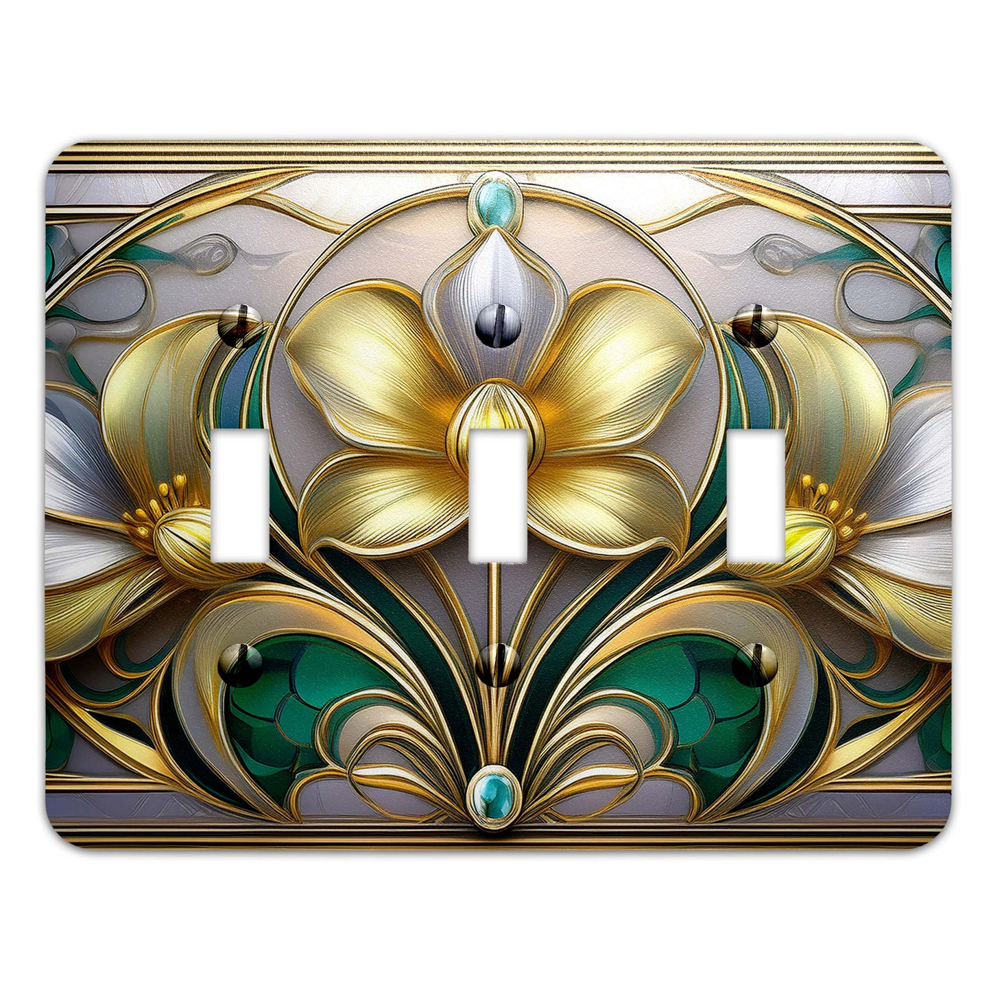 Art Nouveau Floral Light Switch Cover - Gold and Silver Metal SwitchPlate, Multiple Sizes - #5258