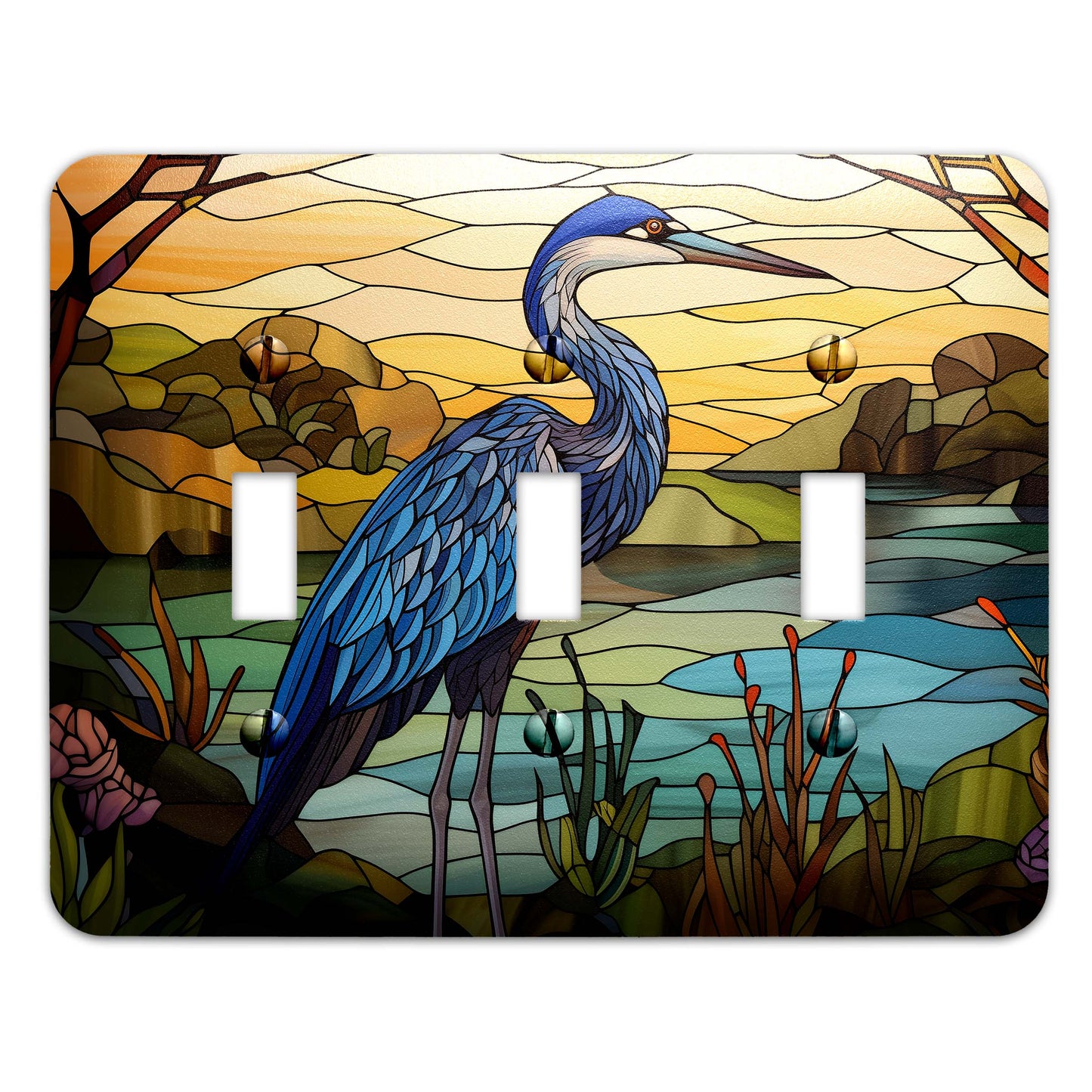 Metal SwitchPlate - Blue Heron on Stained Glass Light Switch Cover, Multiple Sizes - #5290