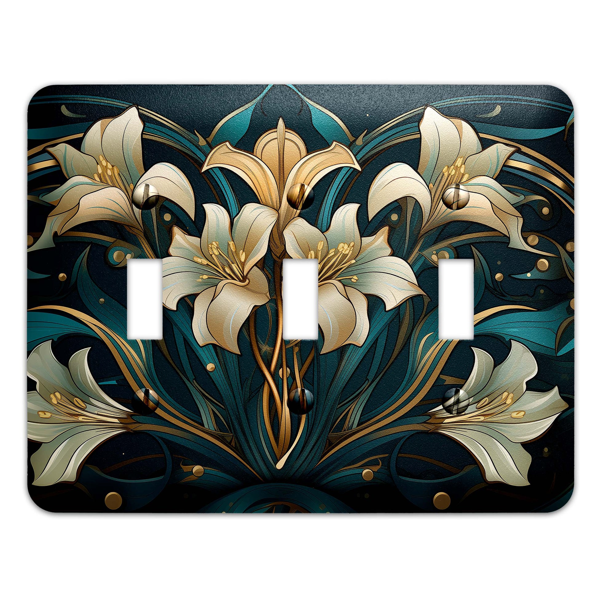 Elegant Art Nouveau light switch plate in gold and teal with floral lily design, made of durable metal, perfect for vintage and modern decor.
