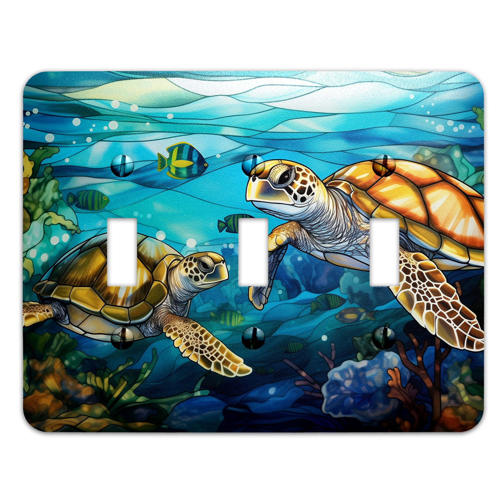 Sea Turtle Ocean Stained Glass Metal Switch Plate - Light Switch Cover in Blue and Green Coastal Design
