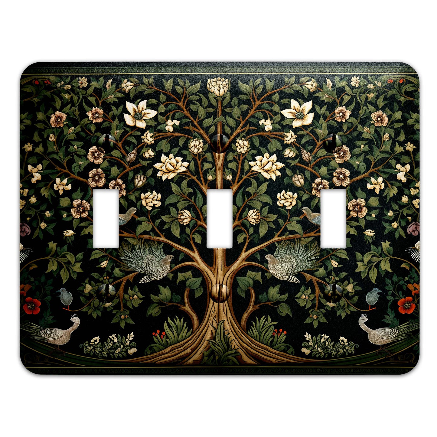 William Morris-inspired Tree of Life light switch cover featuring intricate floral and nature-inspired detailing, decorative wall plate available in multiple sizes.