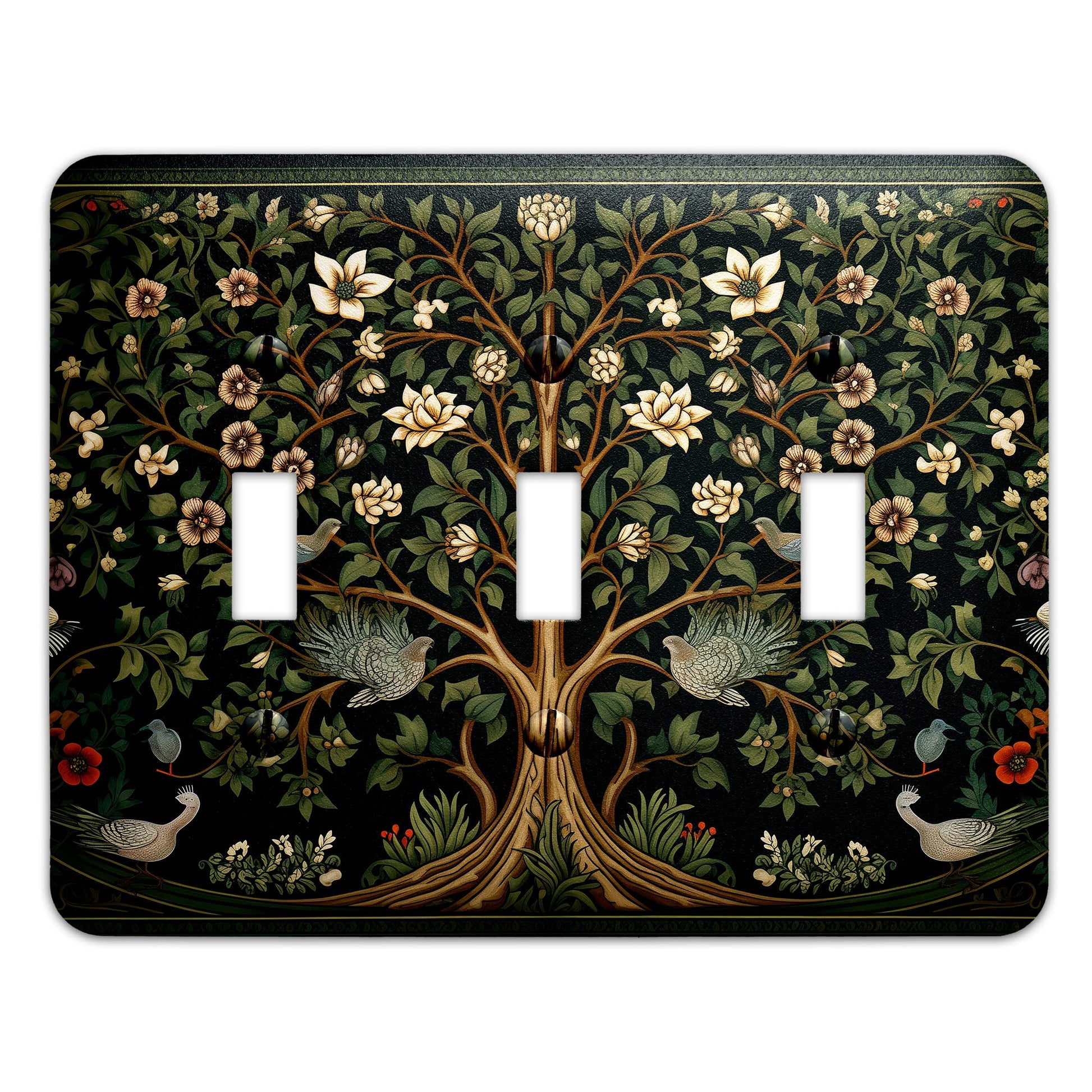 William Morris-inspired Tree of Life light switch cover featuring intricate floral and nature-inspired detailing, decorative wall plate available in multiple sizes.