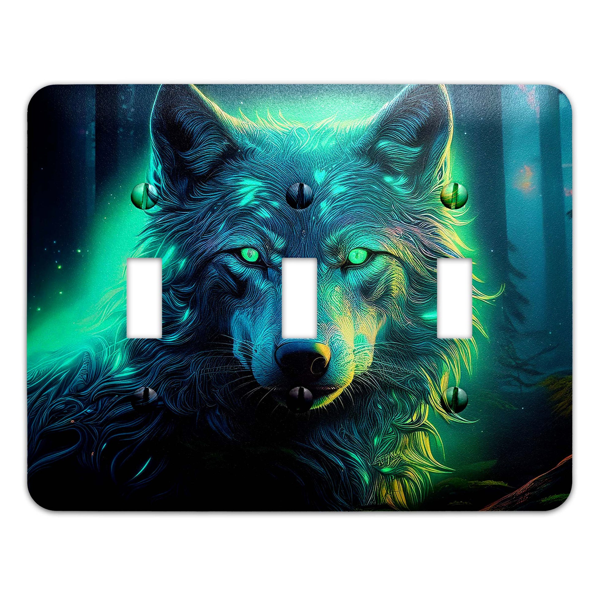 Moonlit wolf light switch cover featuring a detailed silhouette of a howling wolf against a full moon, rustic wildlife decor, available in multiple sizes