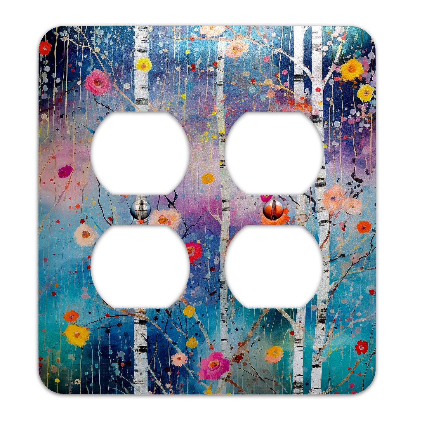 a light switch cover with a painting of trees and flowers