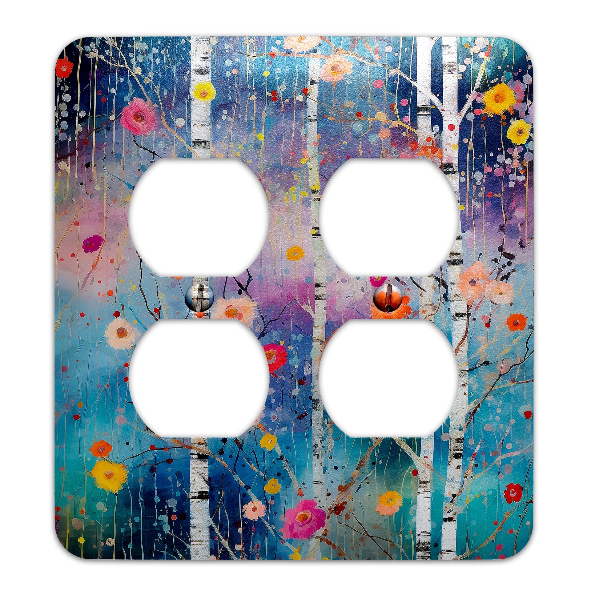 a light switch cover with a painting of trees and flowers