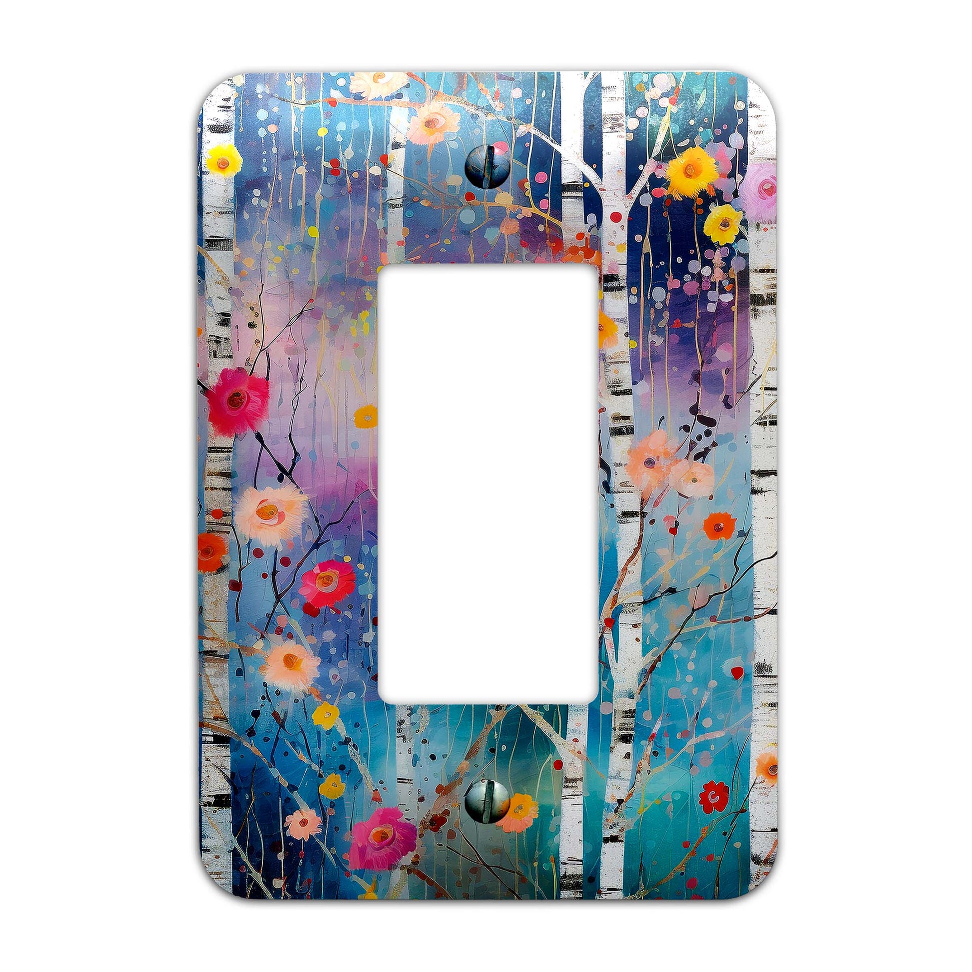 a light switch cover with a painting of trees and flowers