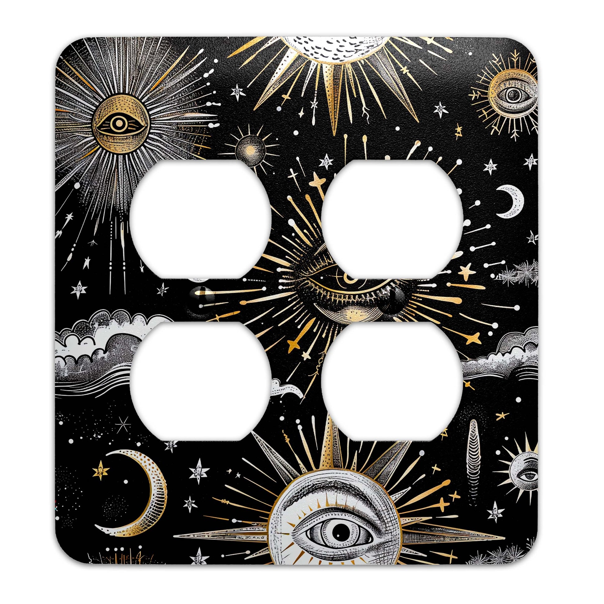 a black and gold light switch cover with an all seeing eye