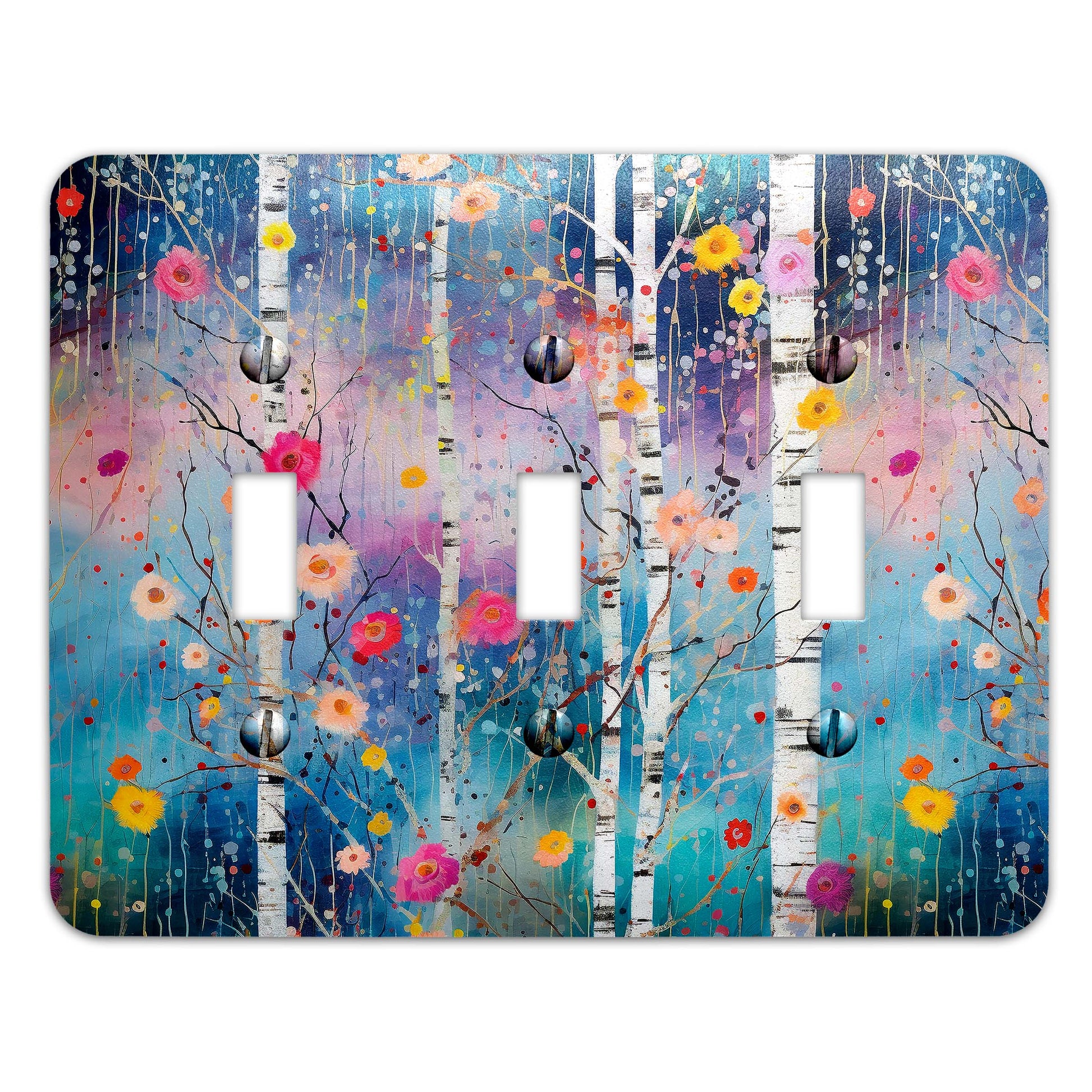a light switch cover with a painting of trees and flowers